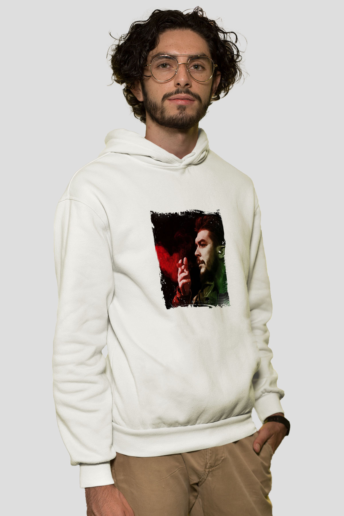 Che Guevara Unisex Baskılı Beyaz Kapüşonlu Sweatshirt