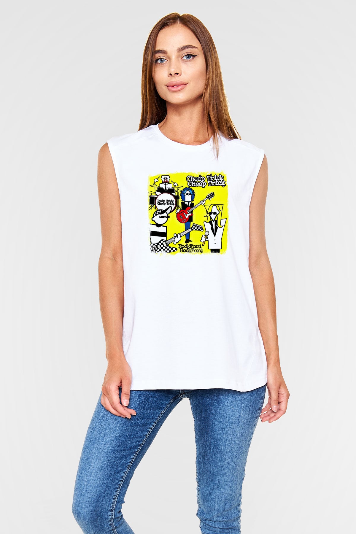 Cheap Trick Baskılı Unisex Beyaz Kolsuz Tişört