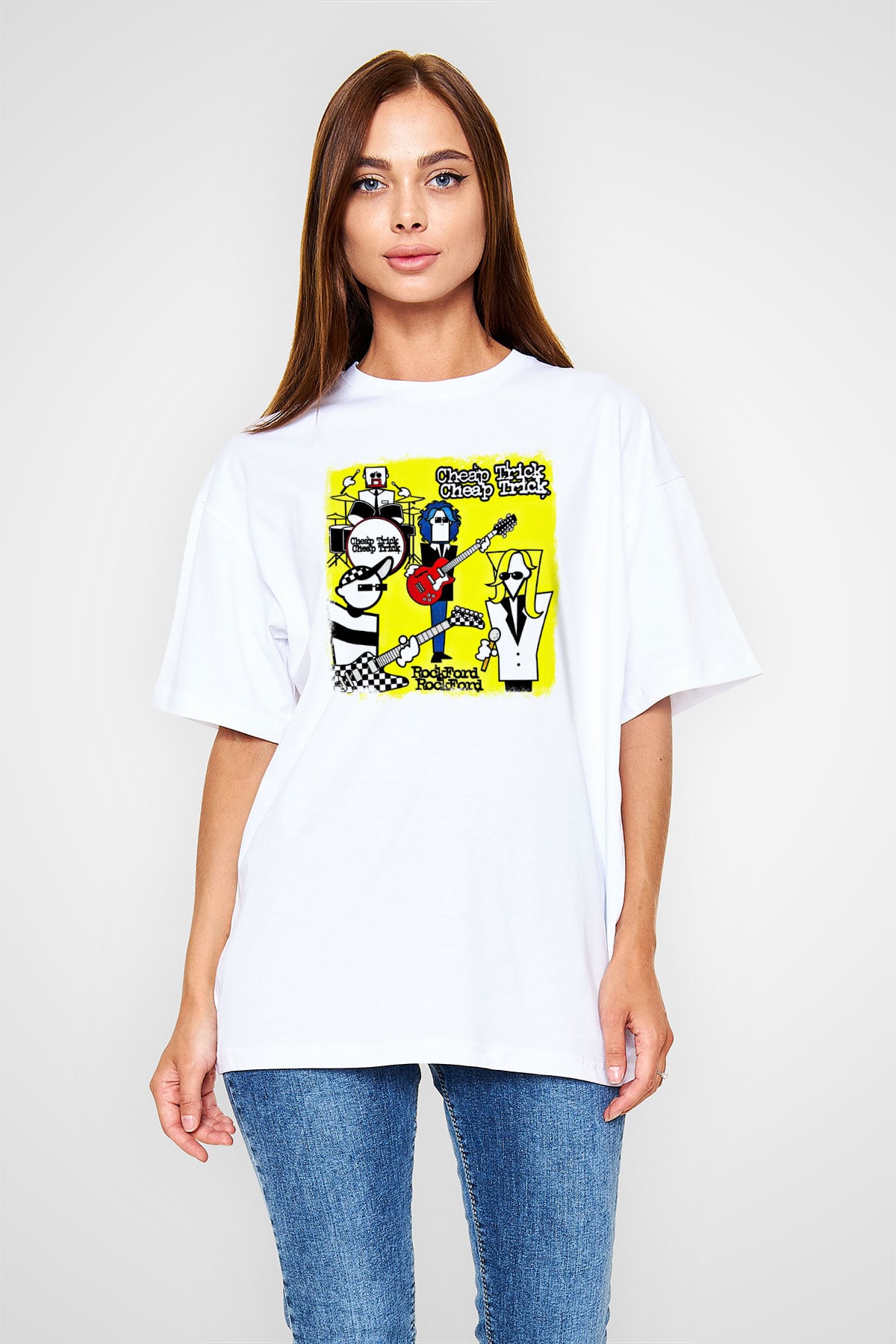 Cheap Trick Baskılı Unisex Beyaz Oversize Tişört