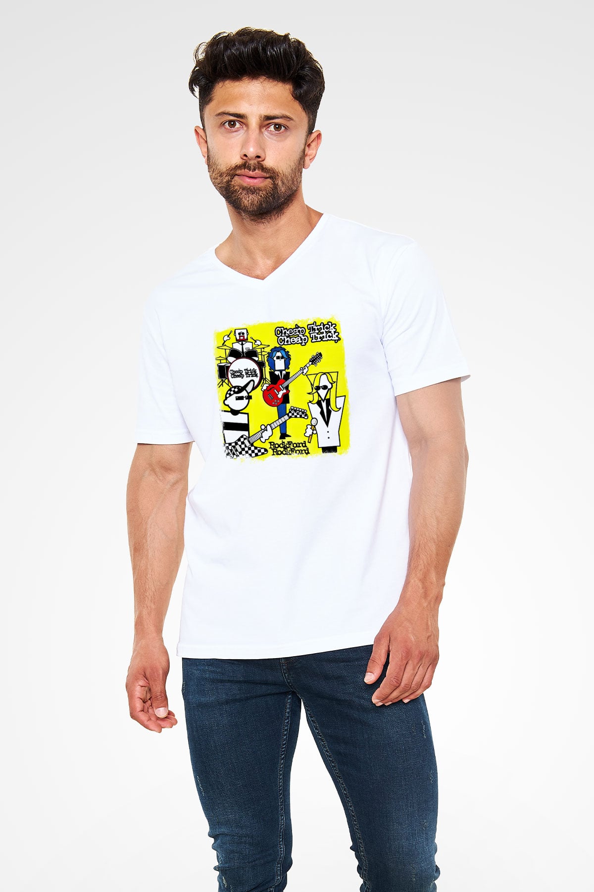 Cheap Trick Baskılı Unisex Beyaz V Yaka Tişört