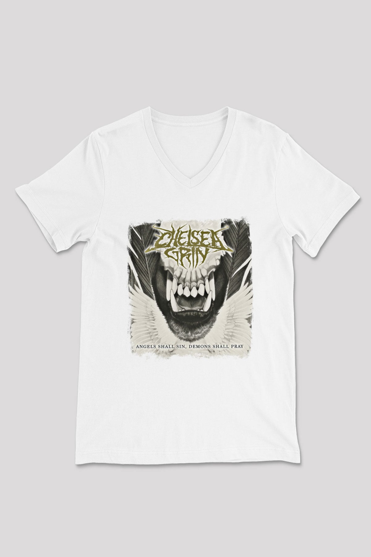 Chelsea Grin Baskılı Unisex Beyaz V Yaka Tişört