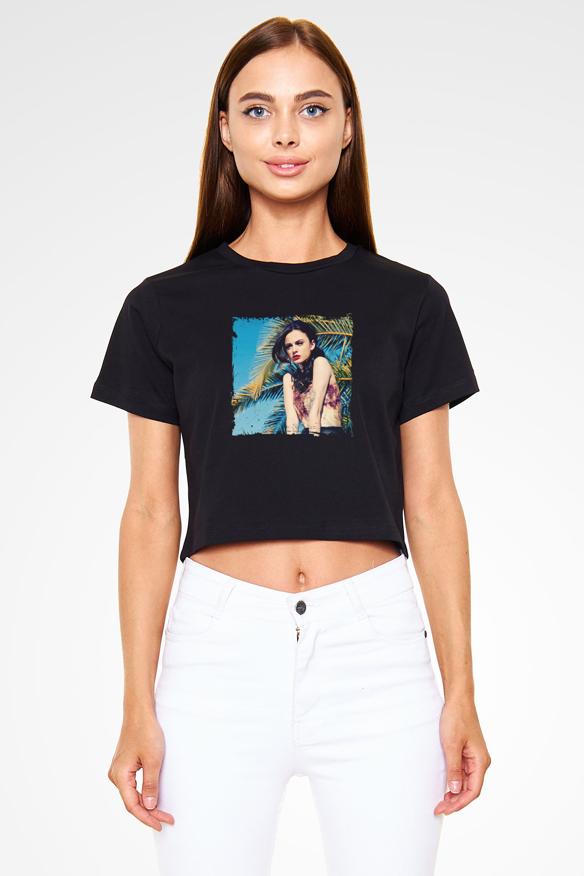 Cher Lloyd Baskılı Crop Top Siyah Kadın Tişört