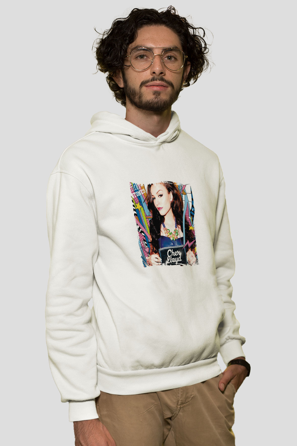 Cher Lloyd Baskılı Unisex Beyaz Kapüşonlu Sweatshirt