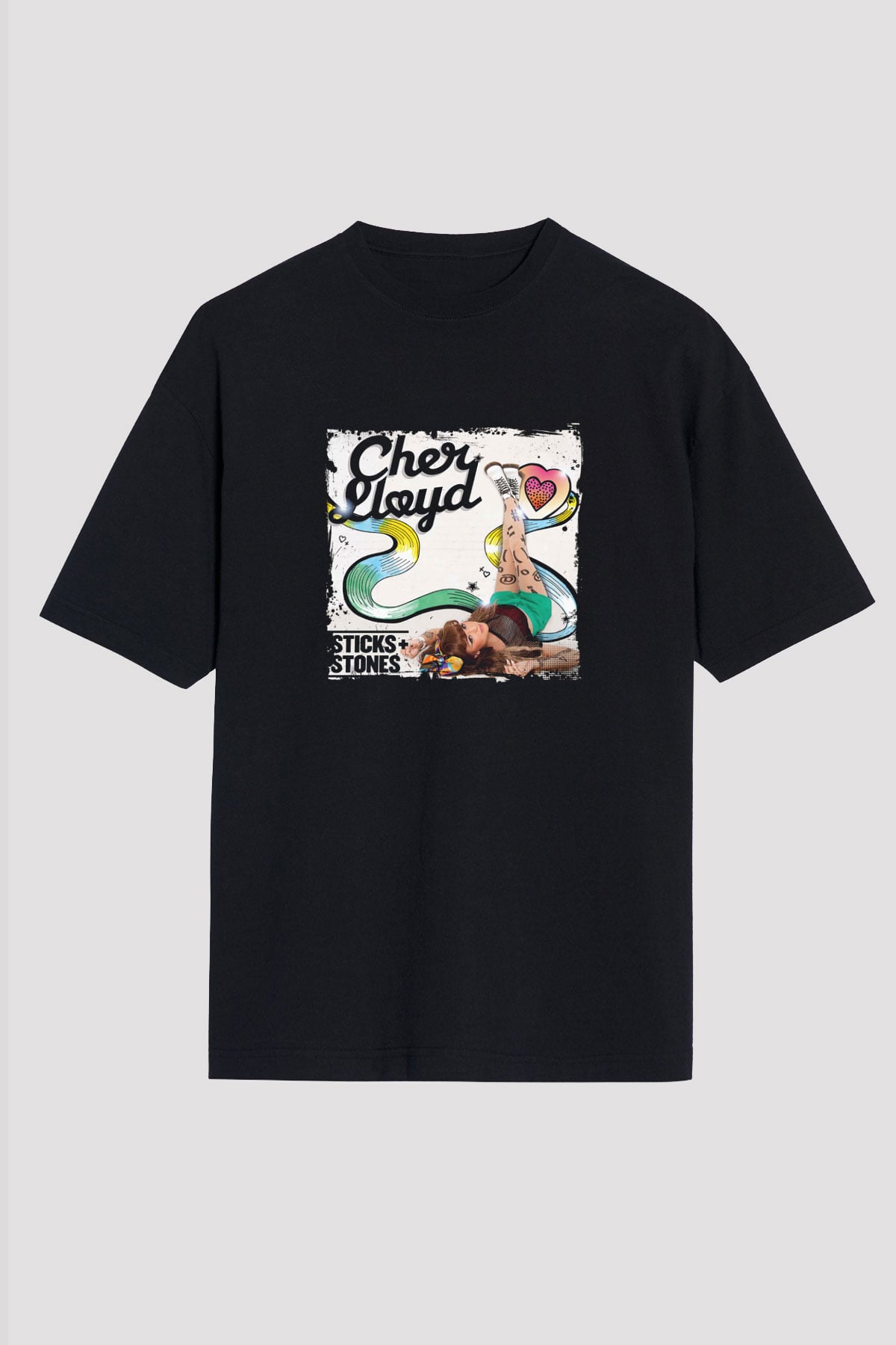 Cher Lloyd Baskılı Unisex Oversize Siyah Tişört