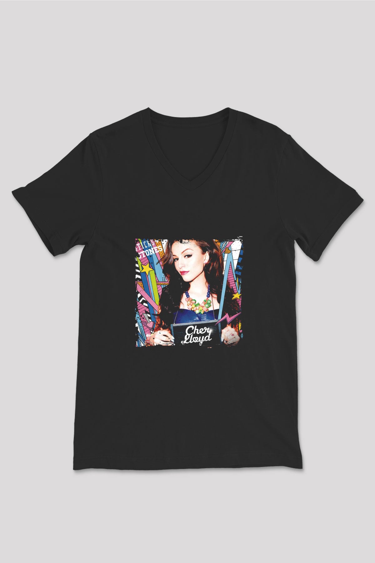 Cher Lloyd Baskılı Unisex Siyah V Yaka Tişört