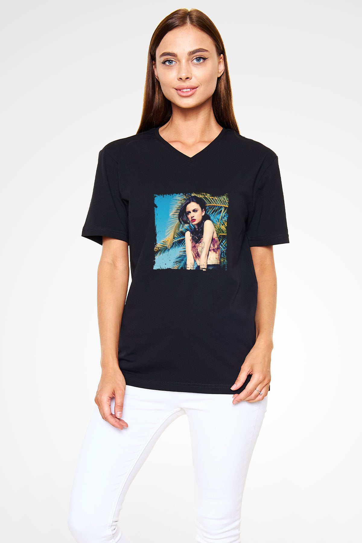 Cher Lloyd Baskılı Unisex Siyah V Yaka Tişört