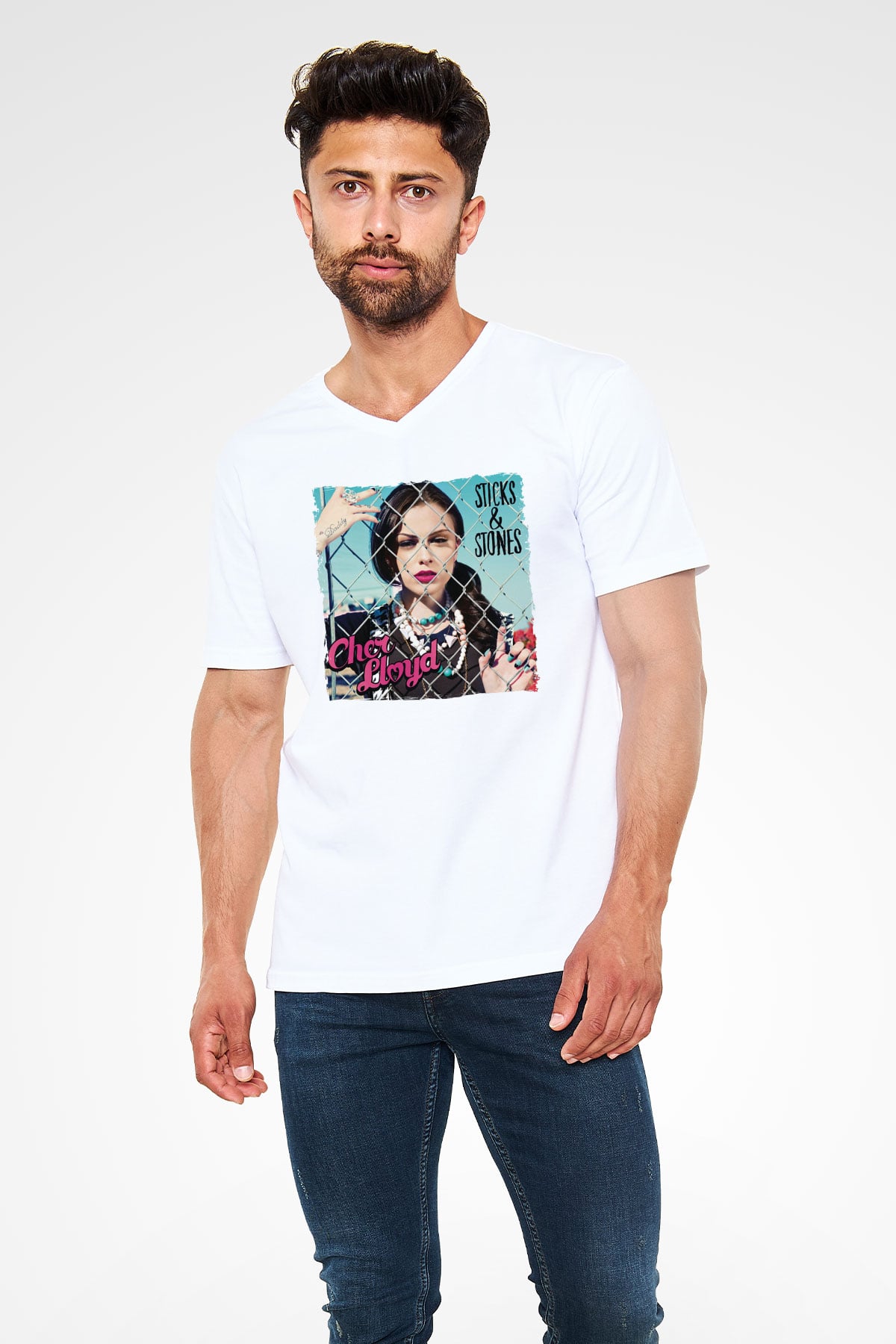 Cher Lloyd Beyaz Unisex V Yaka Tişört