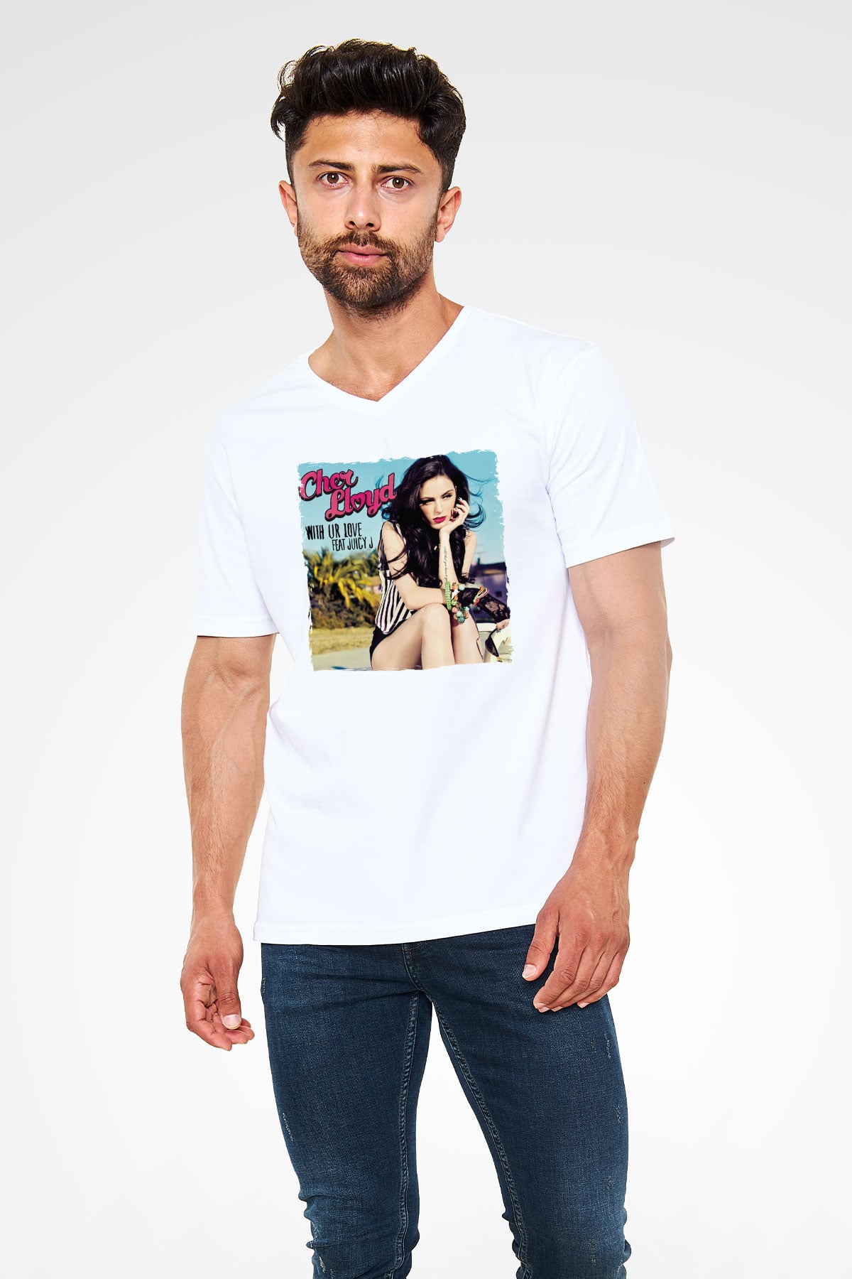 Cher Lloyd Beyaz Unisex V Yaka Tişört