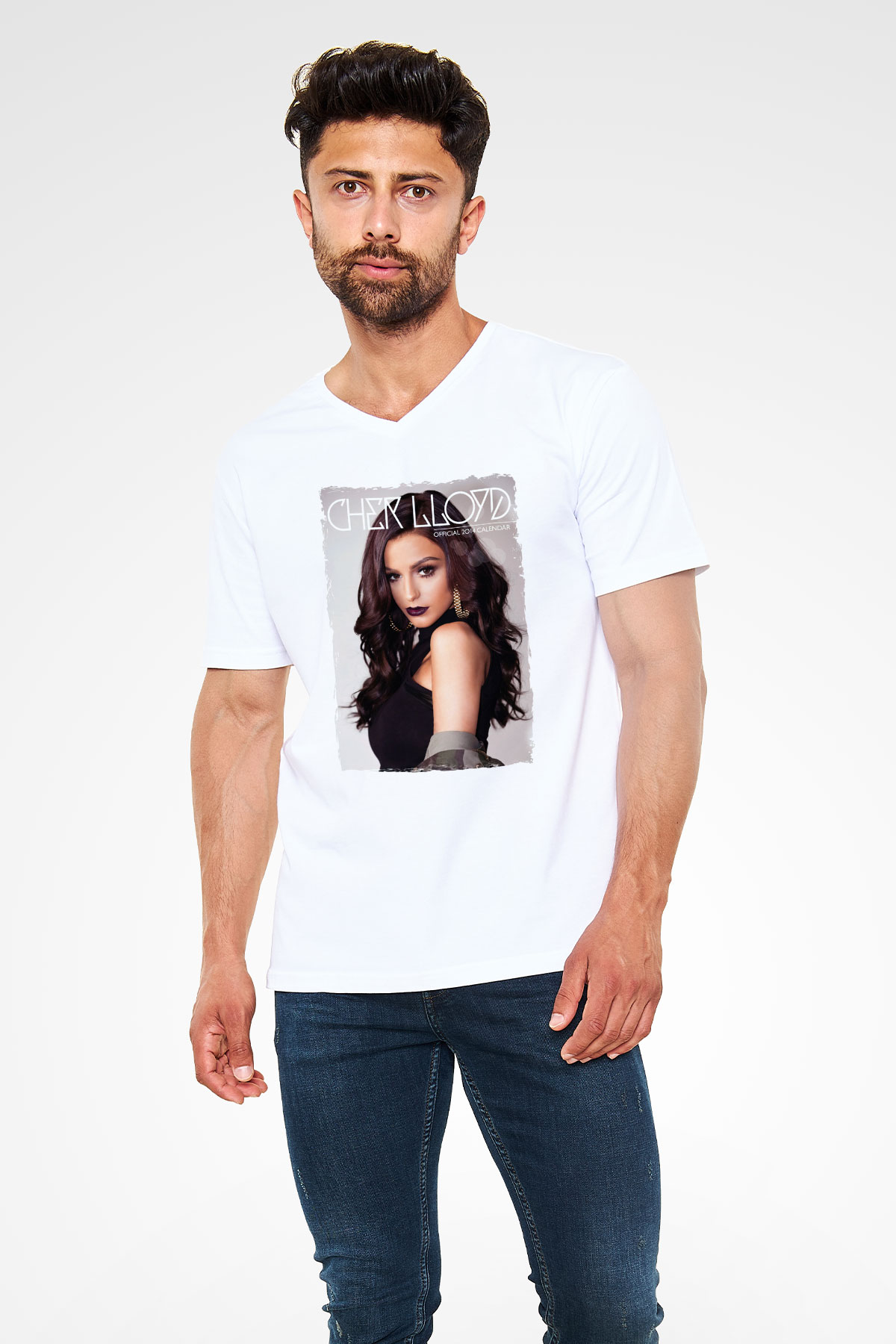 Cher Lloyd Beyaz Unisex V Yaka Tişört
