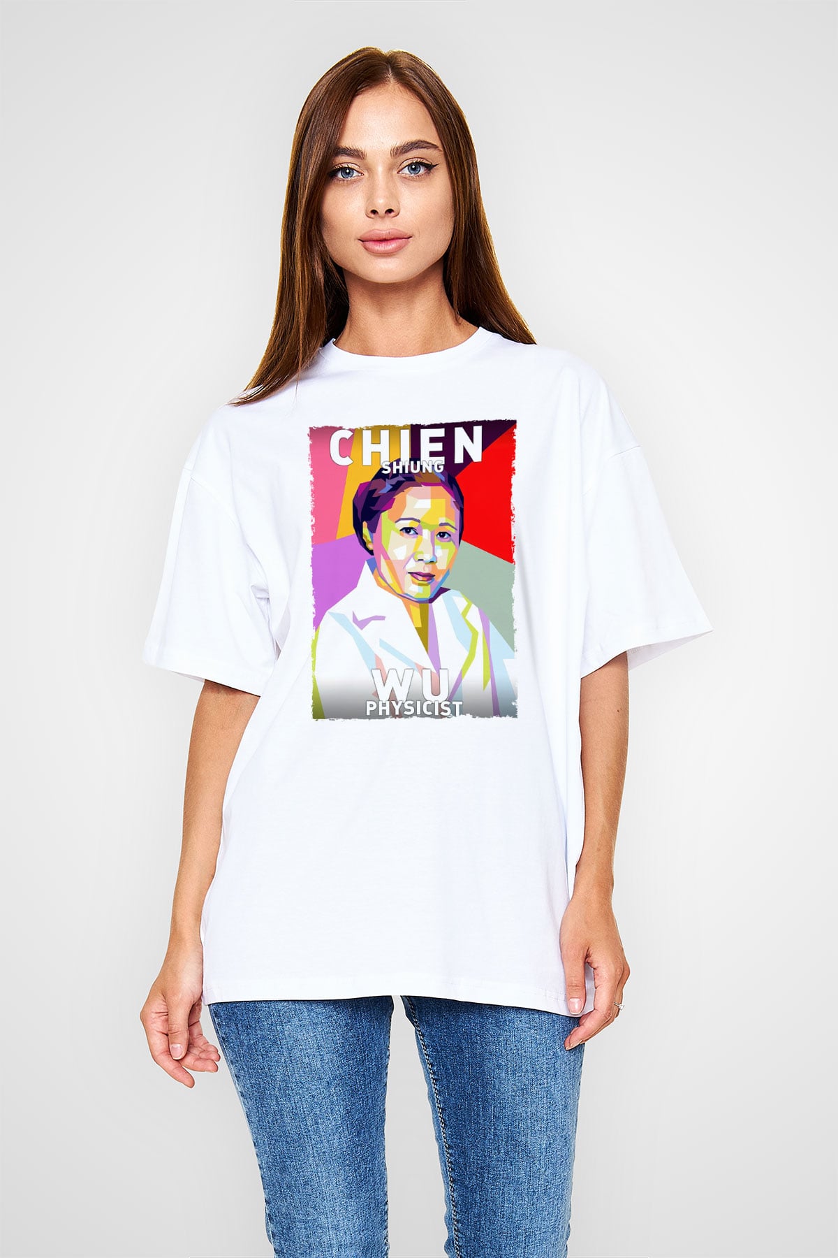 Chien Shung Wu Baskılı Unisex Oversize Beyaz Tişört - Tshirt