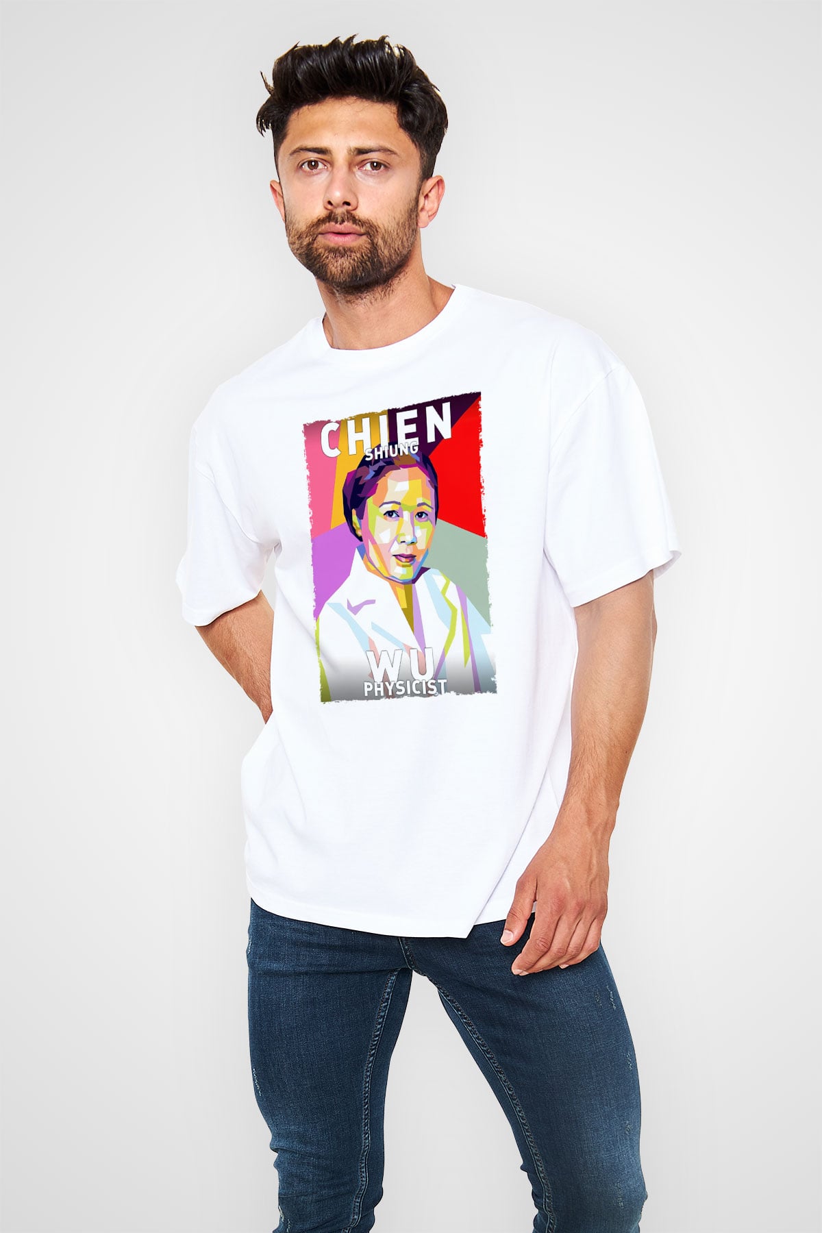 Chien Shung Wu Baskılı Unisex Oversize Beyaz Tişört - Tshirt