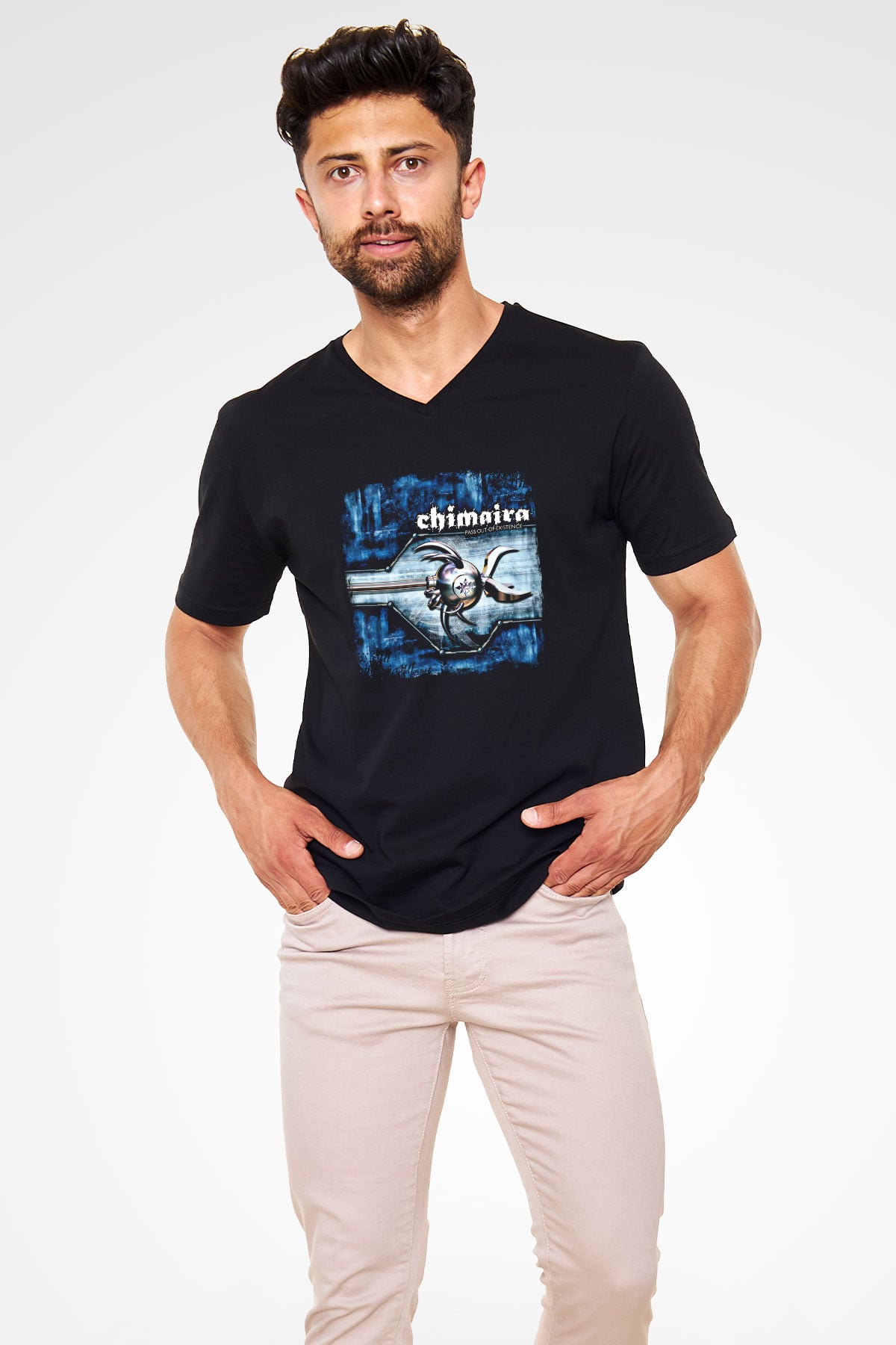 Chimaira Baskılı Unisex Siyah V Yaka Tişört