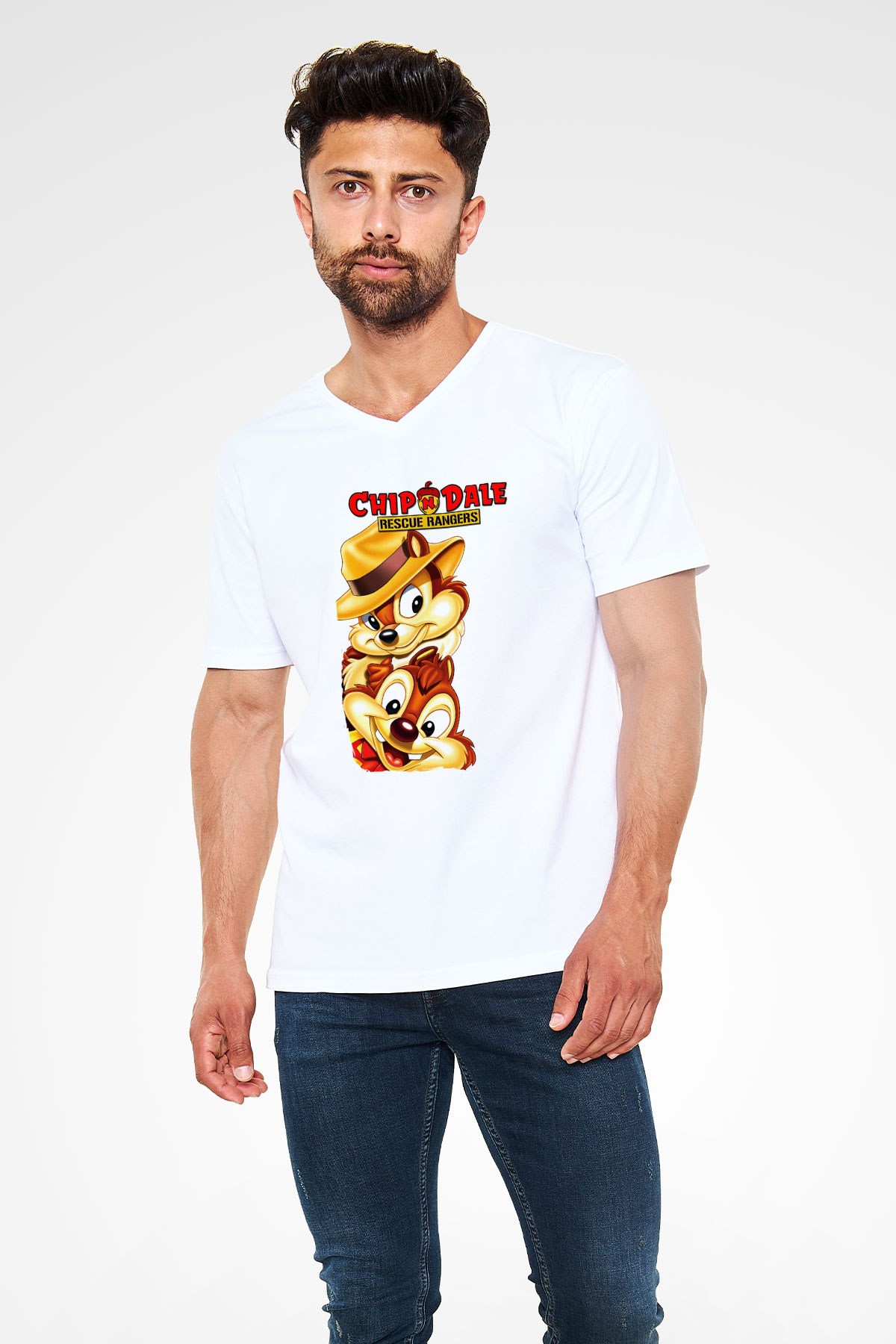 Chip'n Dale Rescue Rangers Beyaz Unisex V Yaka Tişört
