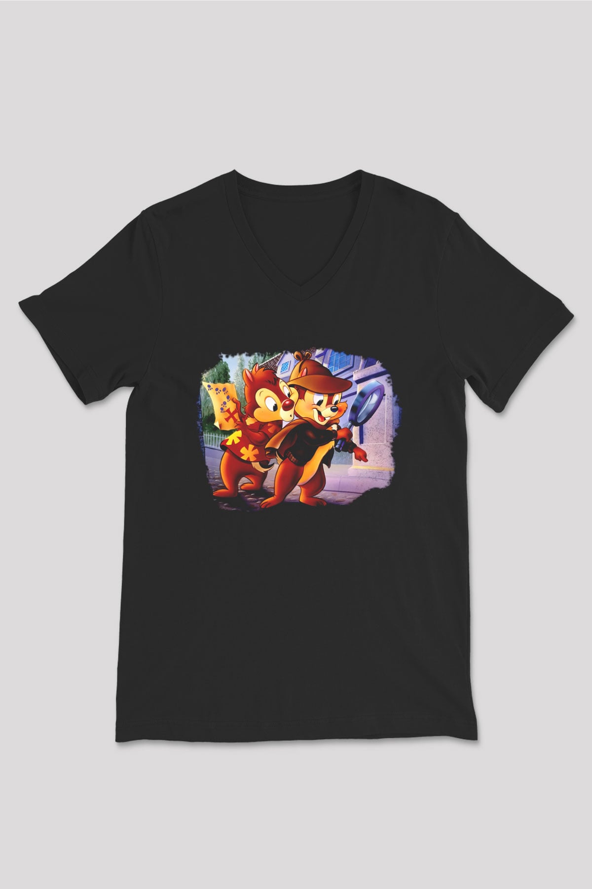 Chip'n Dale Rescue Rangers Siyah Unisex V Yaka Tişört