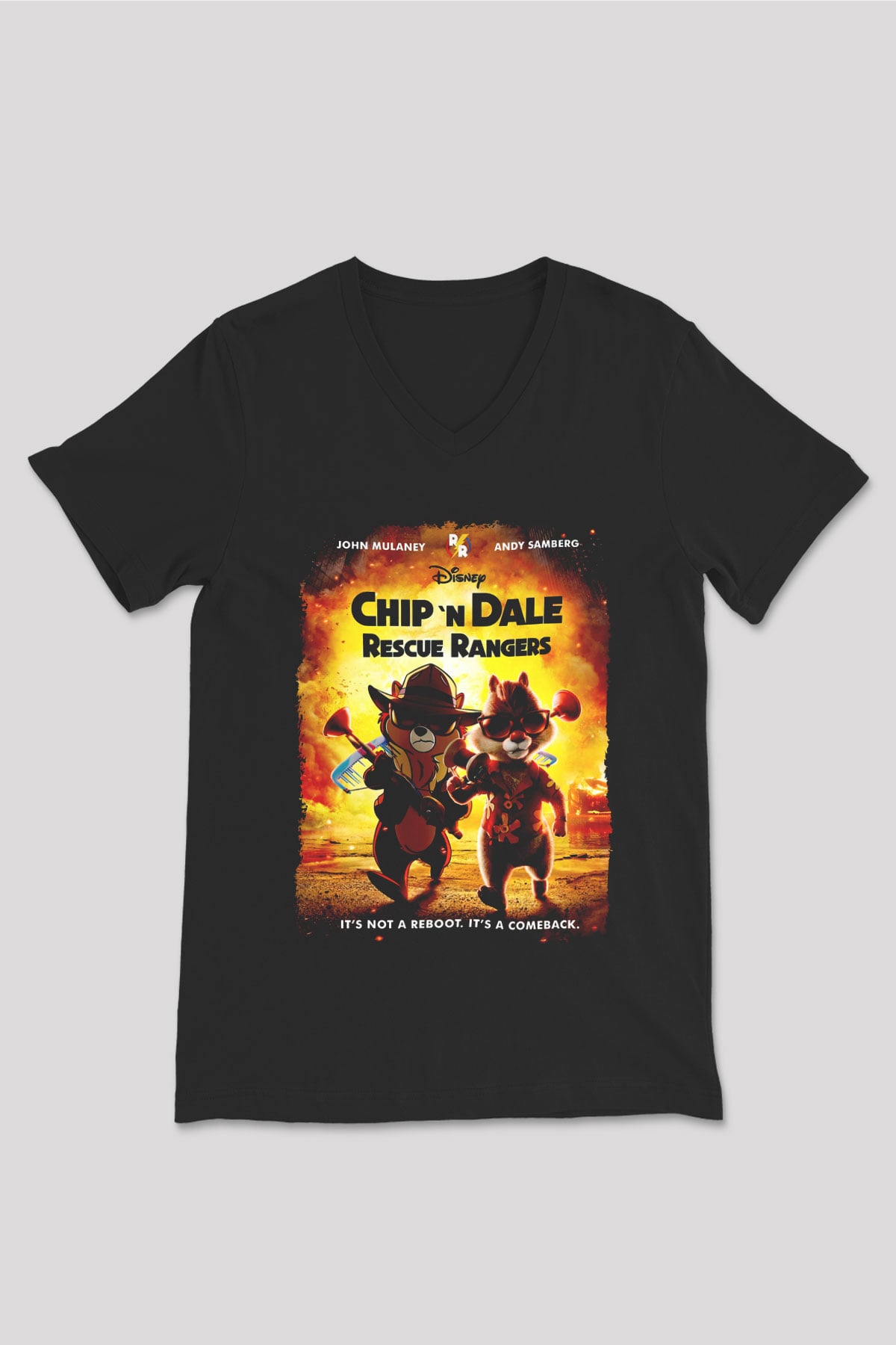 Chip'n Dale Rescue Rangers Siyah Unisex  V Yaka Tişört