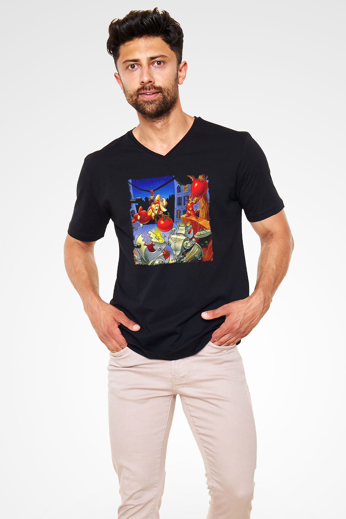 Chip'n Dale Rescue Rangers Siyah Unisex  V Yaka Tişört