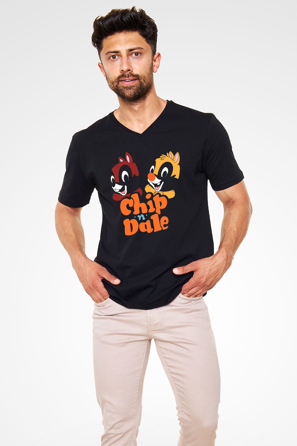 Chip'n Dale Rescue Rangers Siyah Unisex  V Yaka Tişört