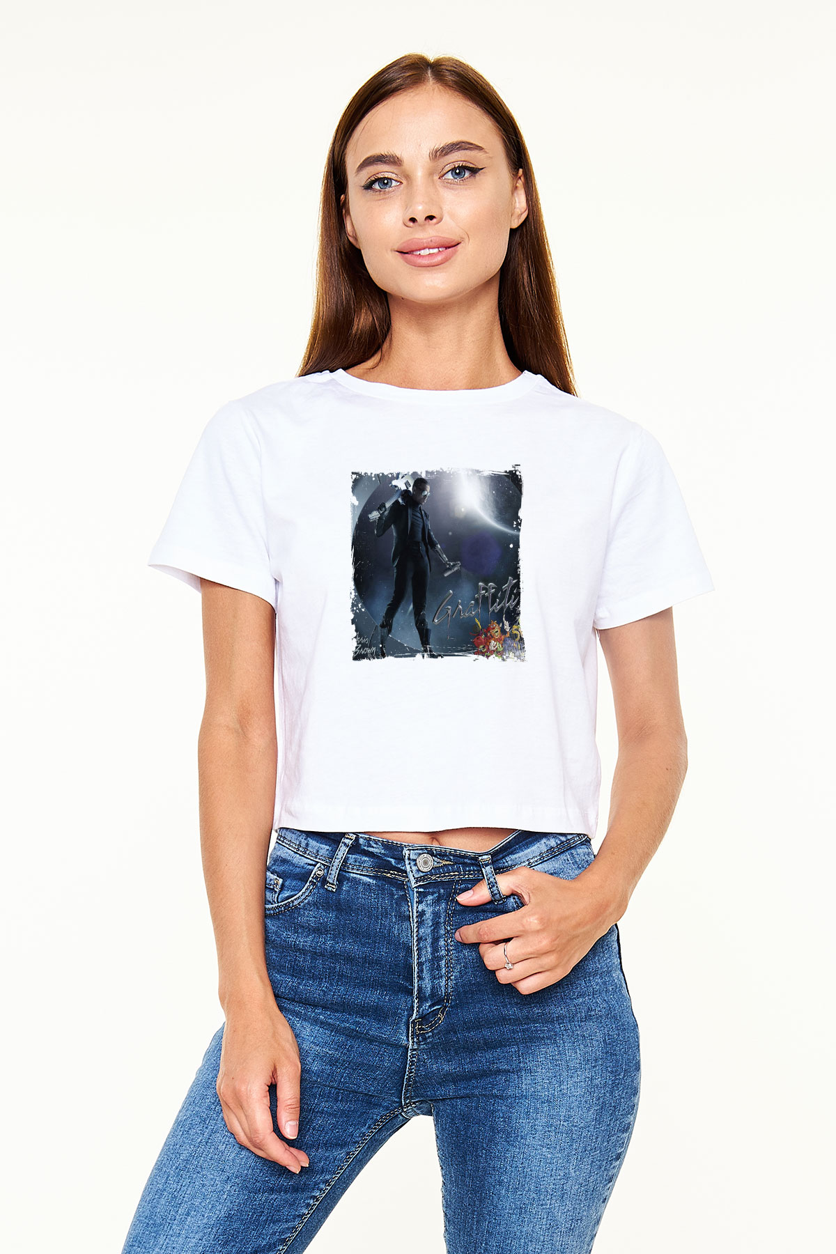 Chris Brown Baskılı Beyaz Kadın Crop Top Tişört