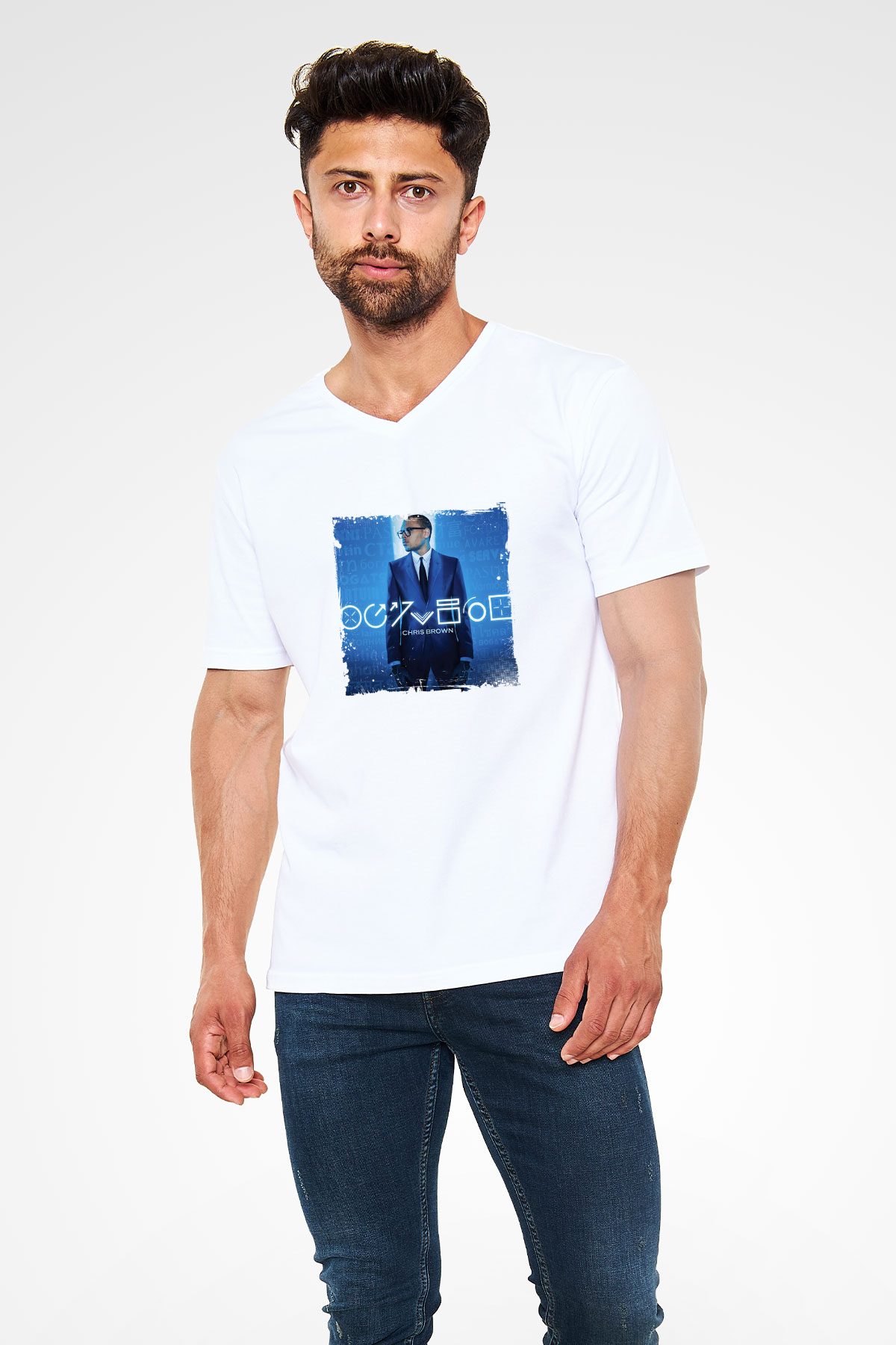 Chris Brown Baskılı Beyaz V Yaka Unisex Tişört