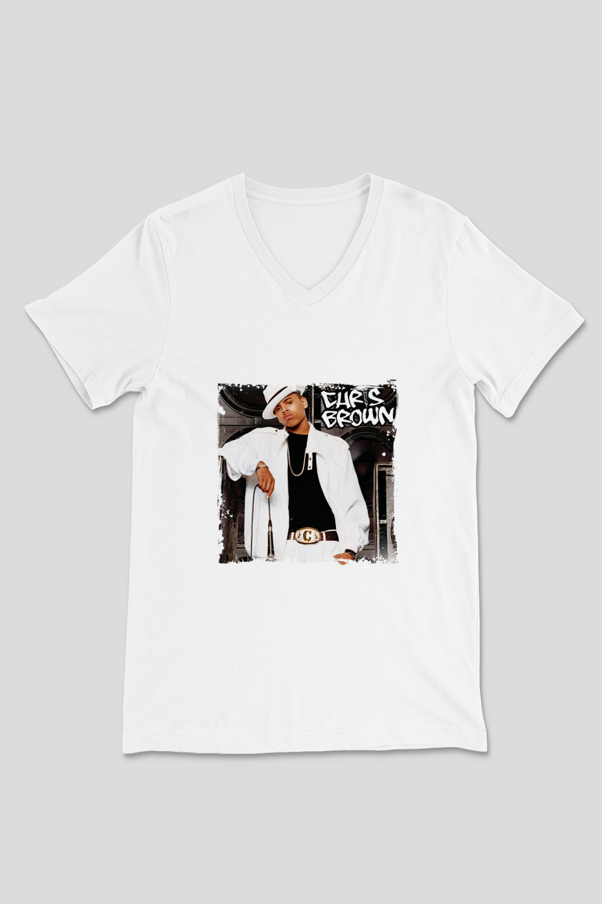 Chris Brown Baskılı Beyaz V Yaka Unisex Tişört