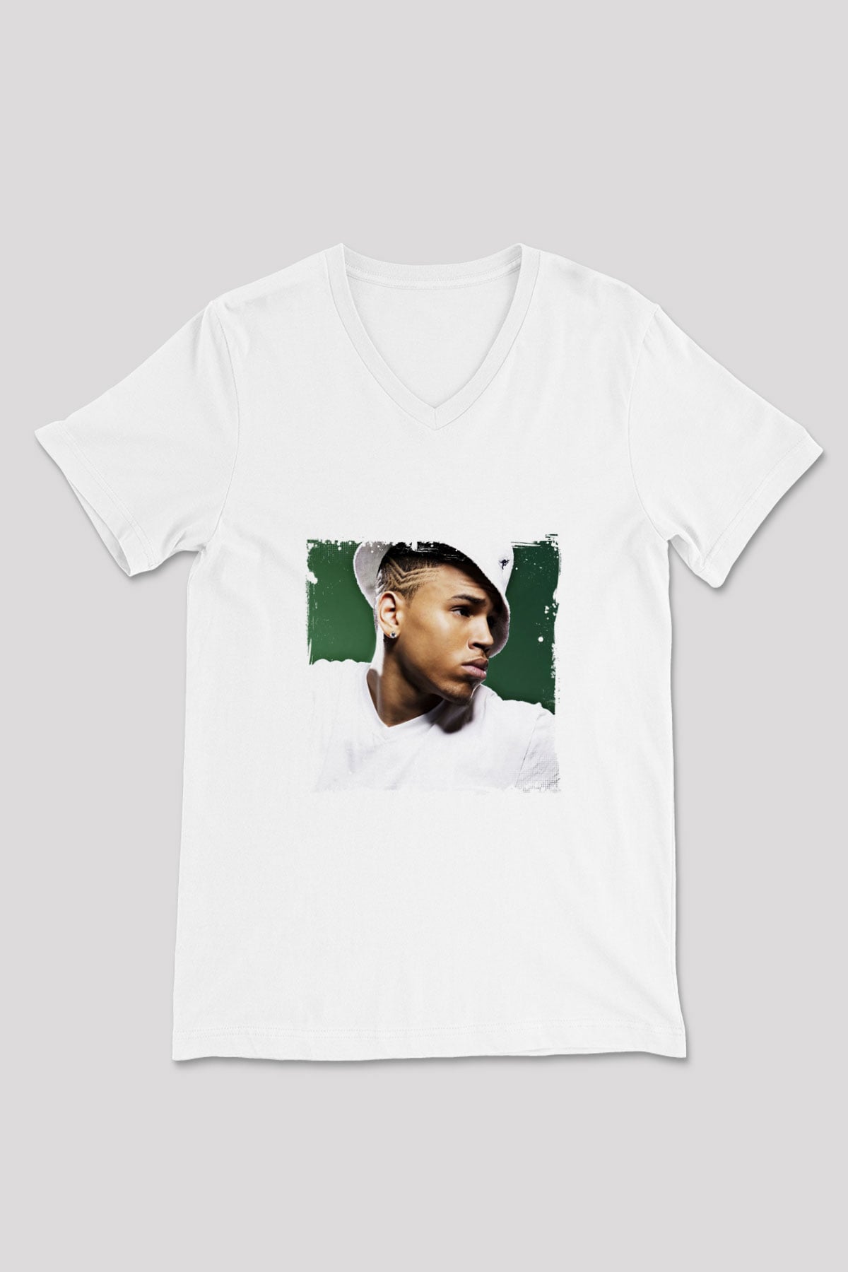 Chris Brown Baskılı Beyaz V Yaka Unisex Tişört