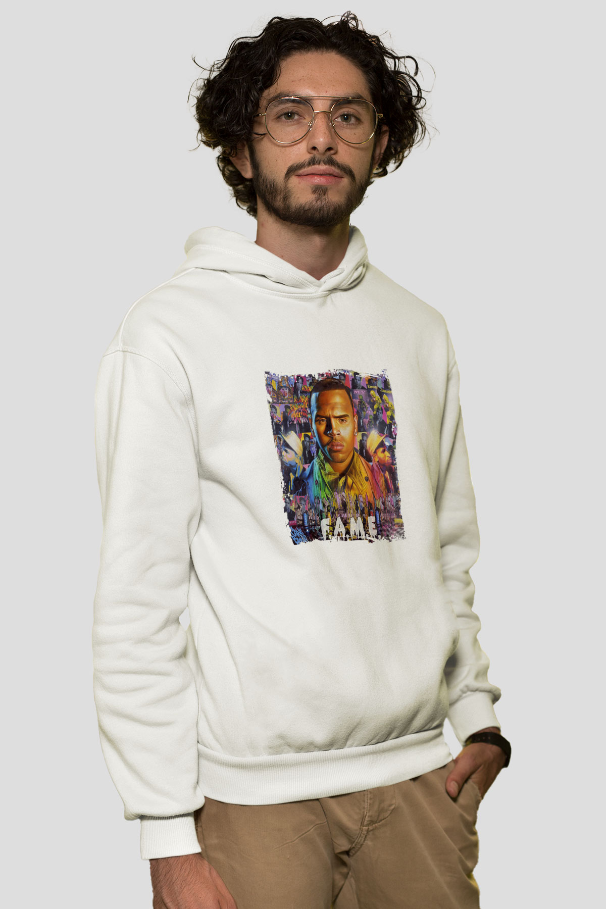 Chris Brown Baskılı Unisex Beyaz Kapüşonlu Sweatshirt