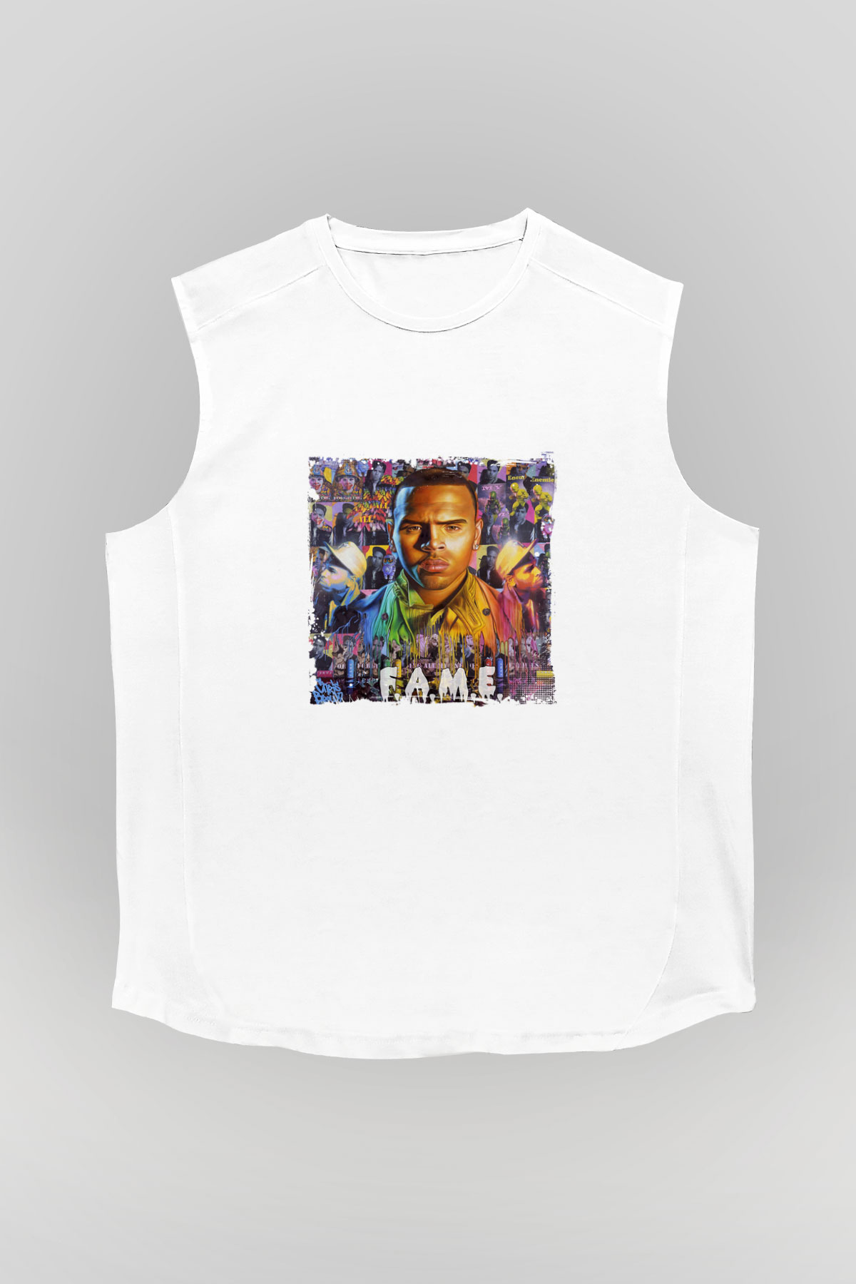 Chris Brown Baskılı Unisex Beyaz Kolsuz Tişört