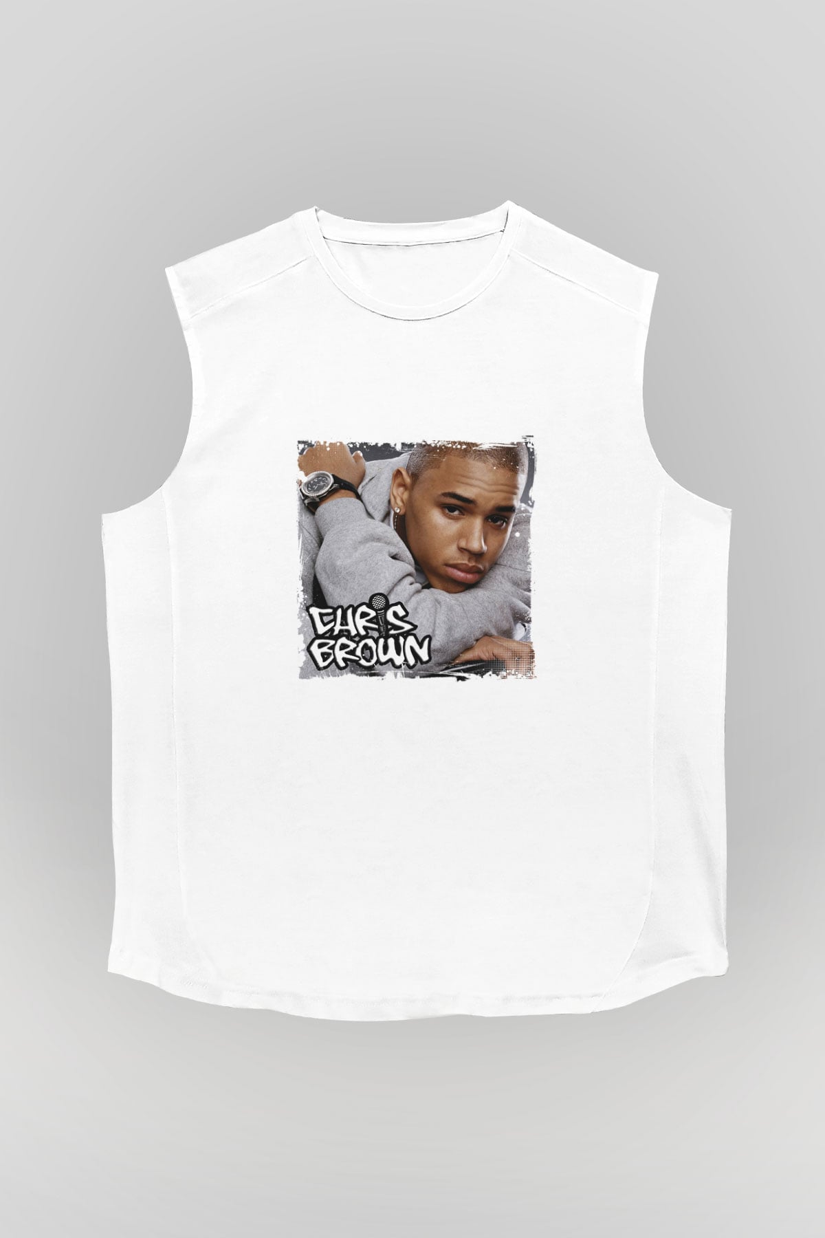 Chris Brown Baskılı Unisex Beyaz Kolsuz Tişört