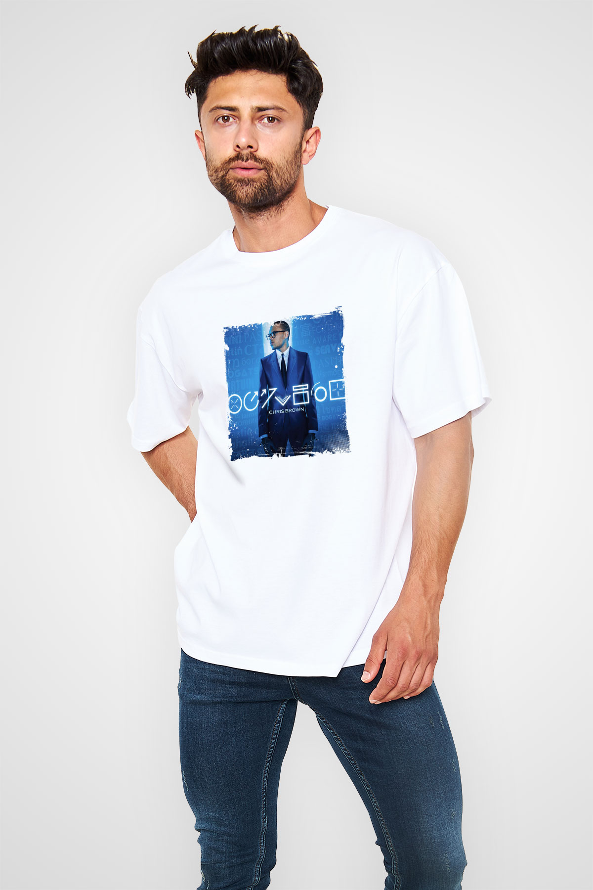 Chris Brown Baskılı Unisex Beyaz Tişört