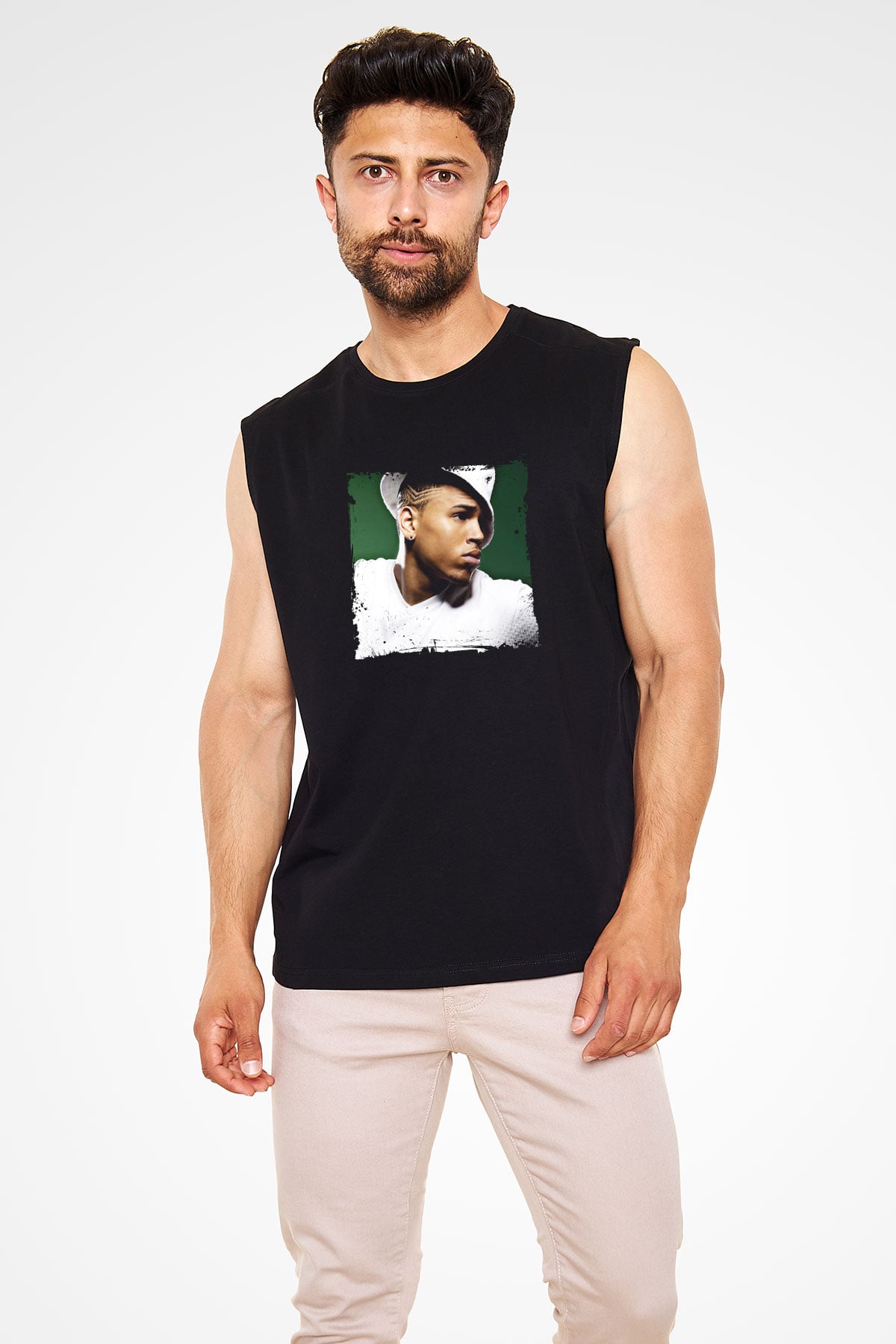 Chris Brown Baskılı Unisex Siyah Kolsuz Tişört