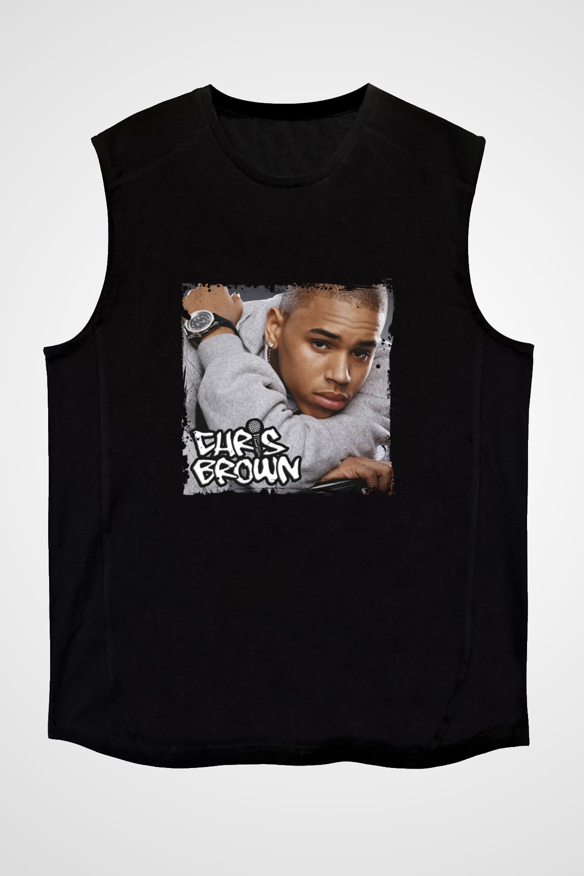 Chris Brown Baskılı Unisex Siyah Kolsuz Tişört