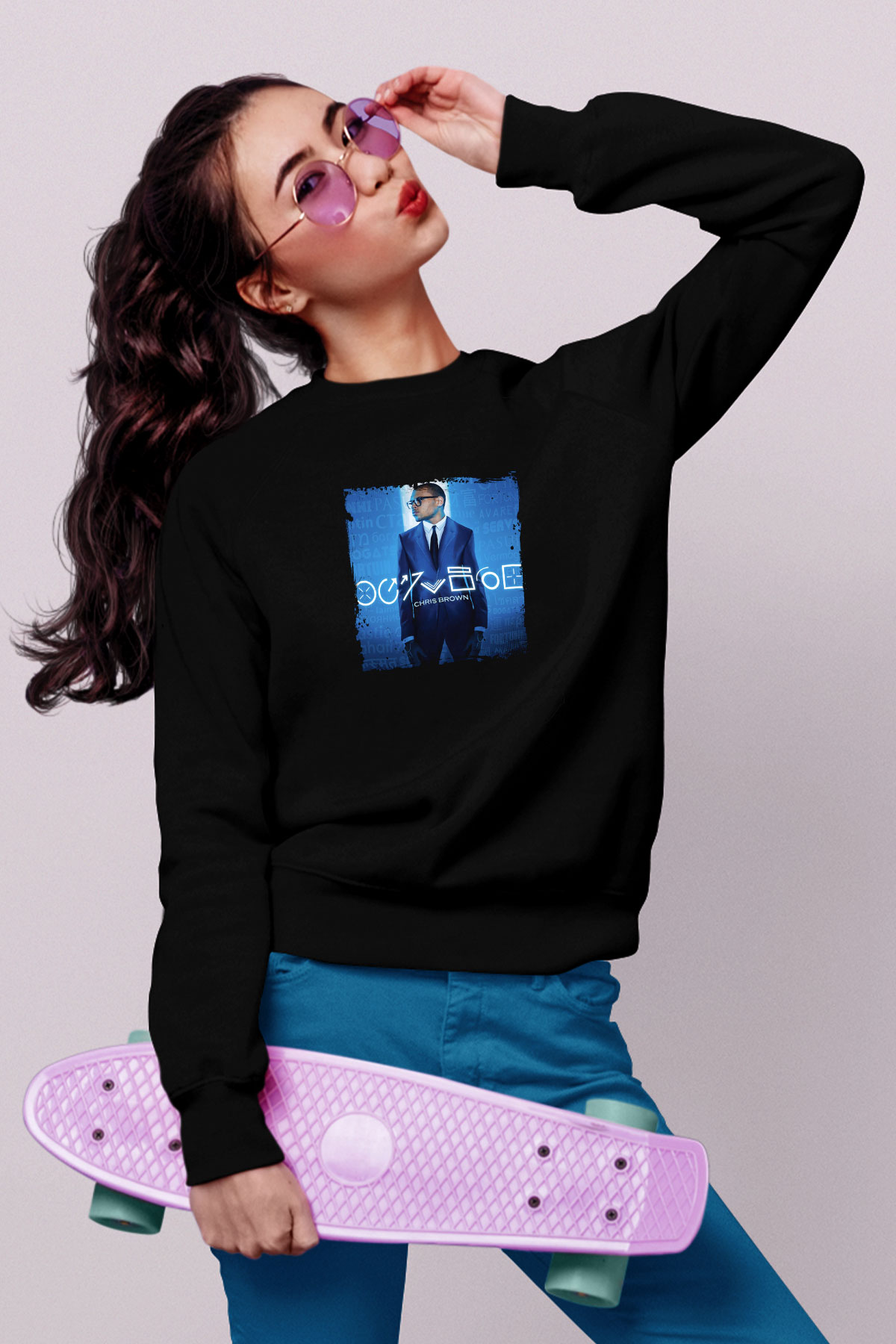 Chris Brown Baskılı Unisex Siyah Sweatshirt