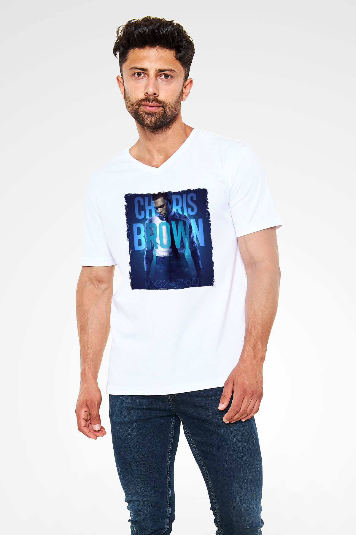 Chris Brown Beyaz Unisex V Yaka Tişört