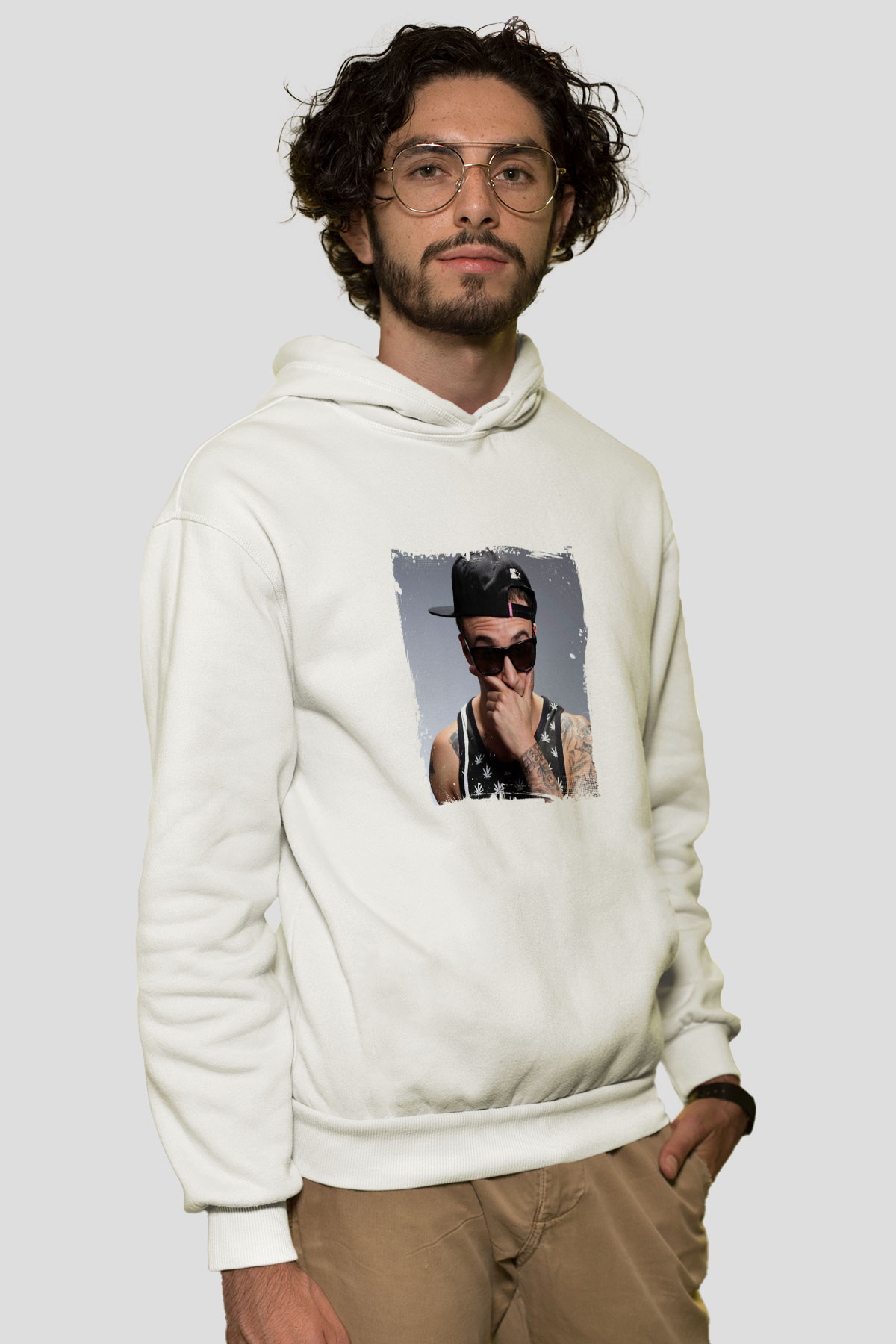 Chris Webby Baskılı Unisex Beyaz Kapüşonlu Sweatshirt