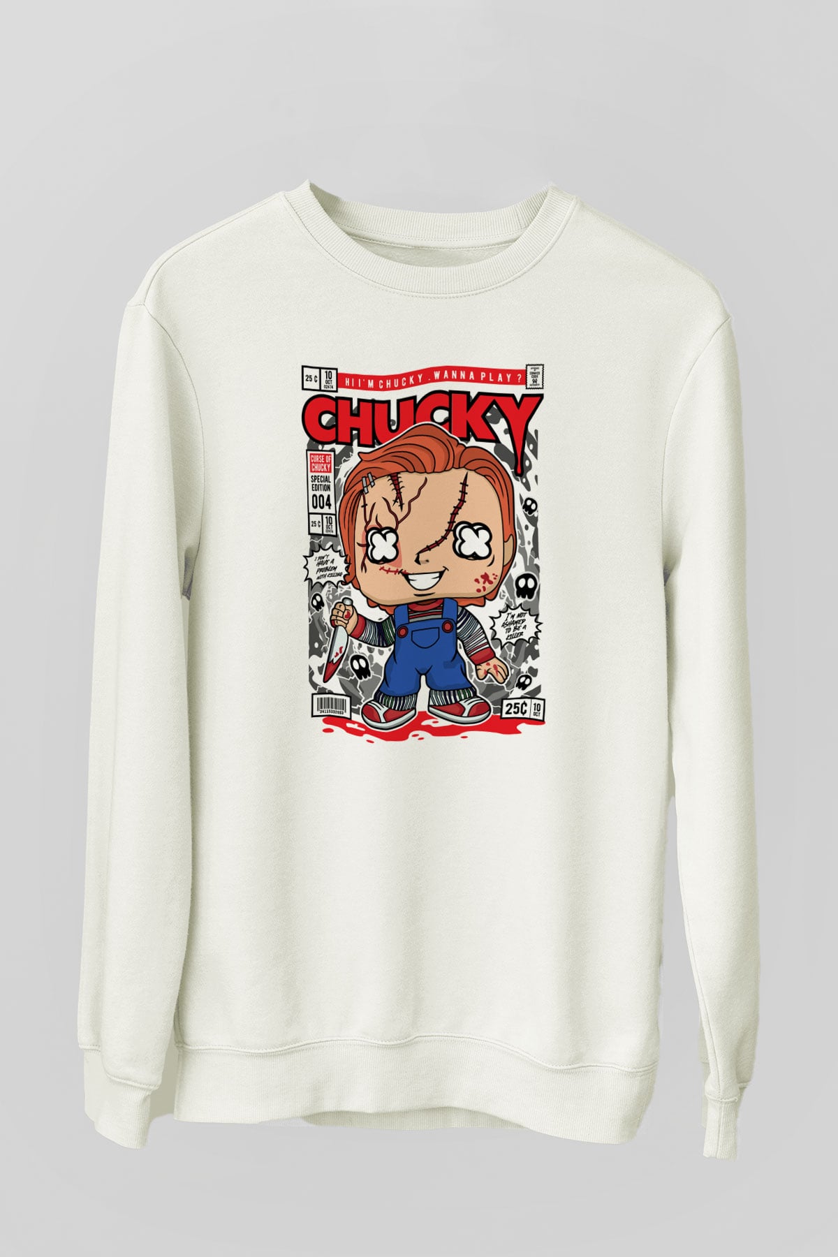 Chucky Baskılı Unisex Beyaz Sweatshirt