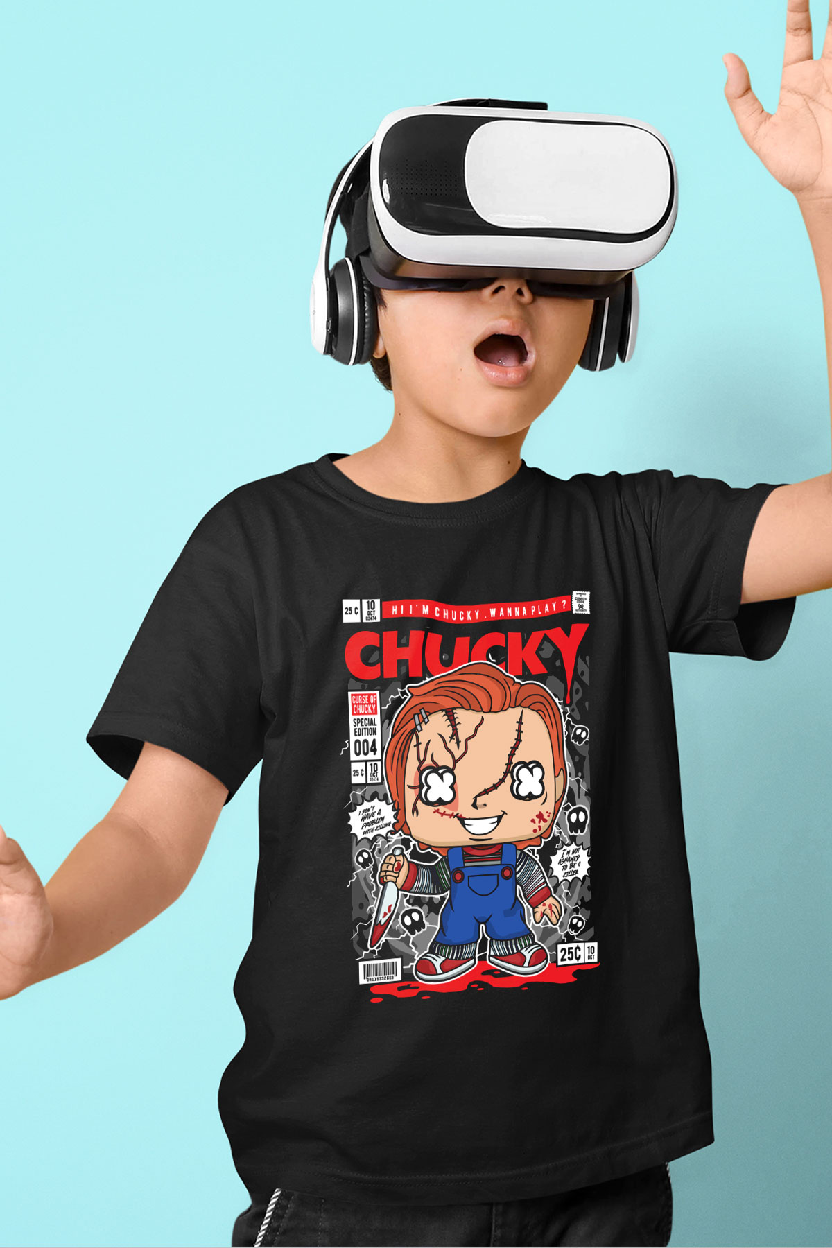 Chucky Baskılı Unisex Siyah Çocuk Tişört