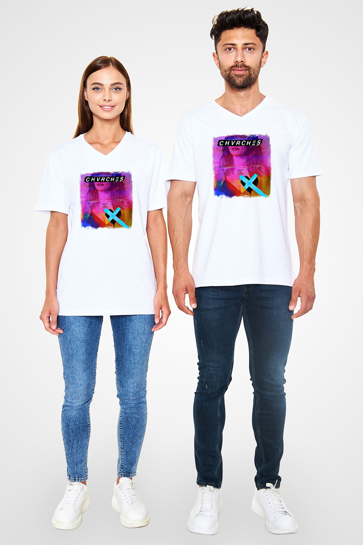 CHVRCHES Baskılı Unisex Beyaz V Yaka Tişört