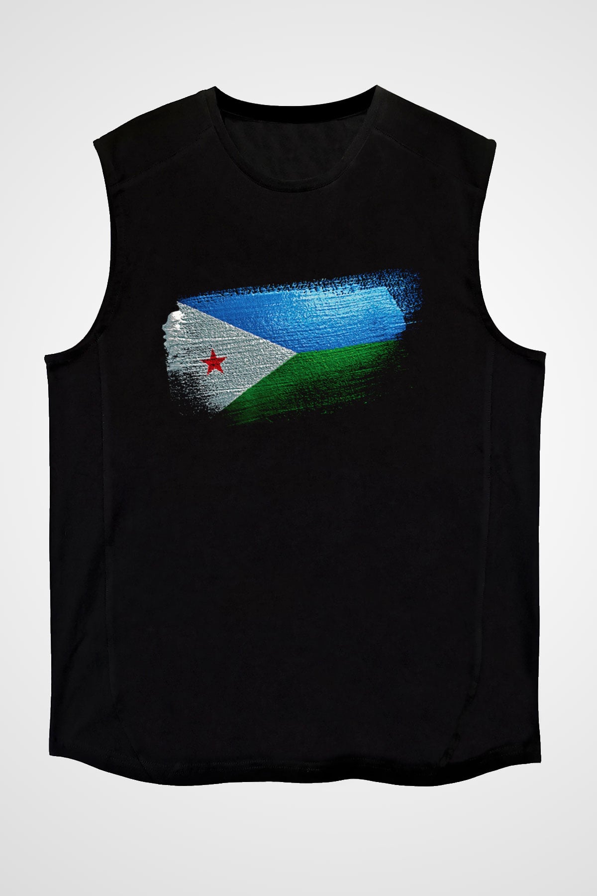 Cibuti - Djibouti Bayrağı Baskılı Unisex Siyah Kolsuz Tişört