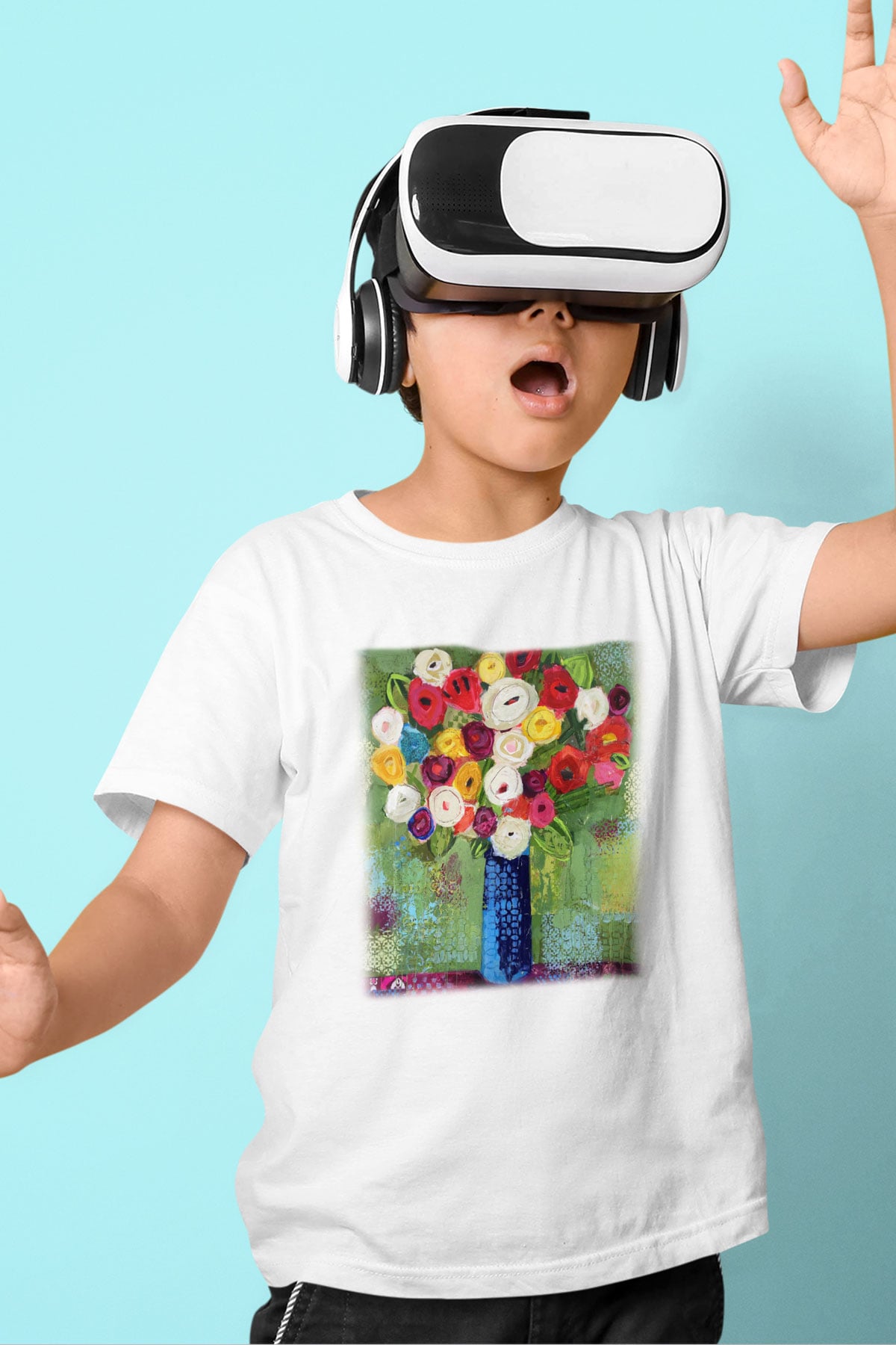 Çiçek Baskılı Beyaz Unisex Çocuk Tişört