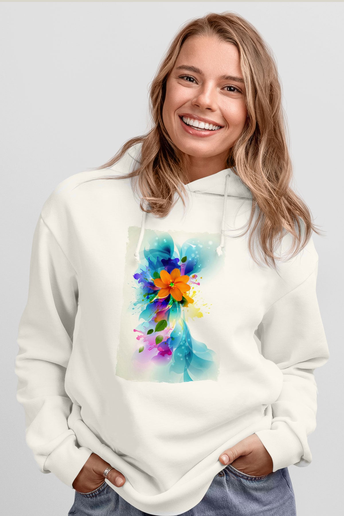 Çiçek Beyaz Unisex Hoodie