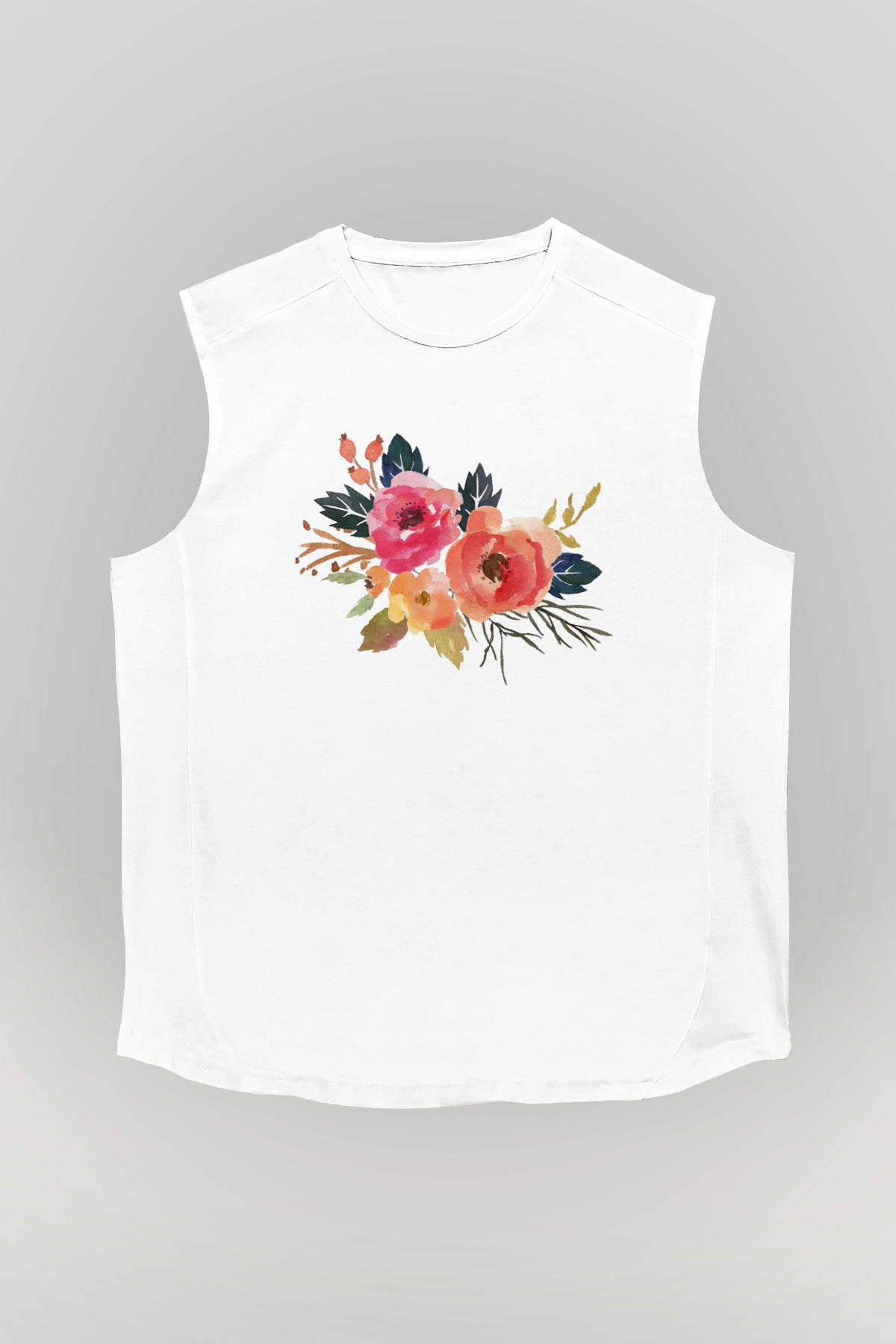 Çiçek Beyaz Unisex Kolsuz Tişört