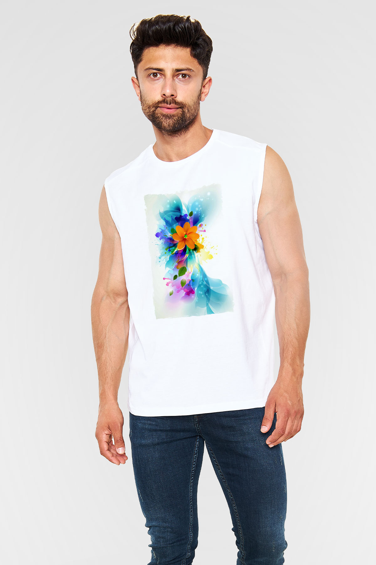 Çiçek Beyaz Unisex Kolsuz Tişört