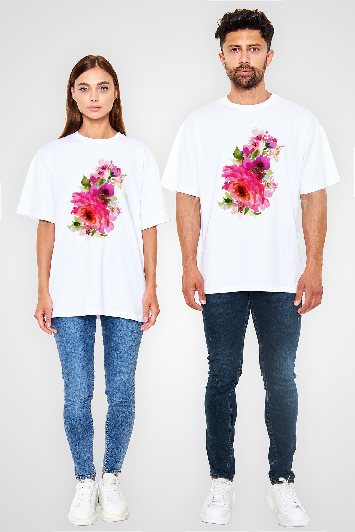 Çiçek Beyaz Unisex Oversize Tişört T-Shirt