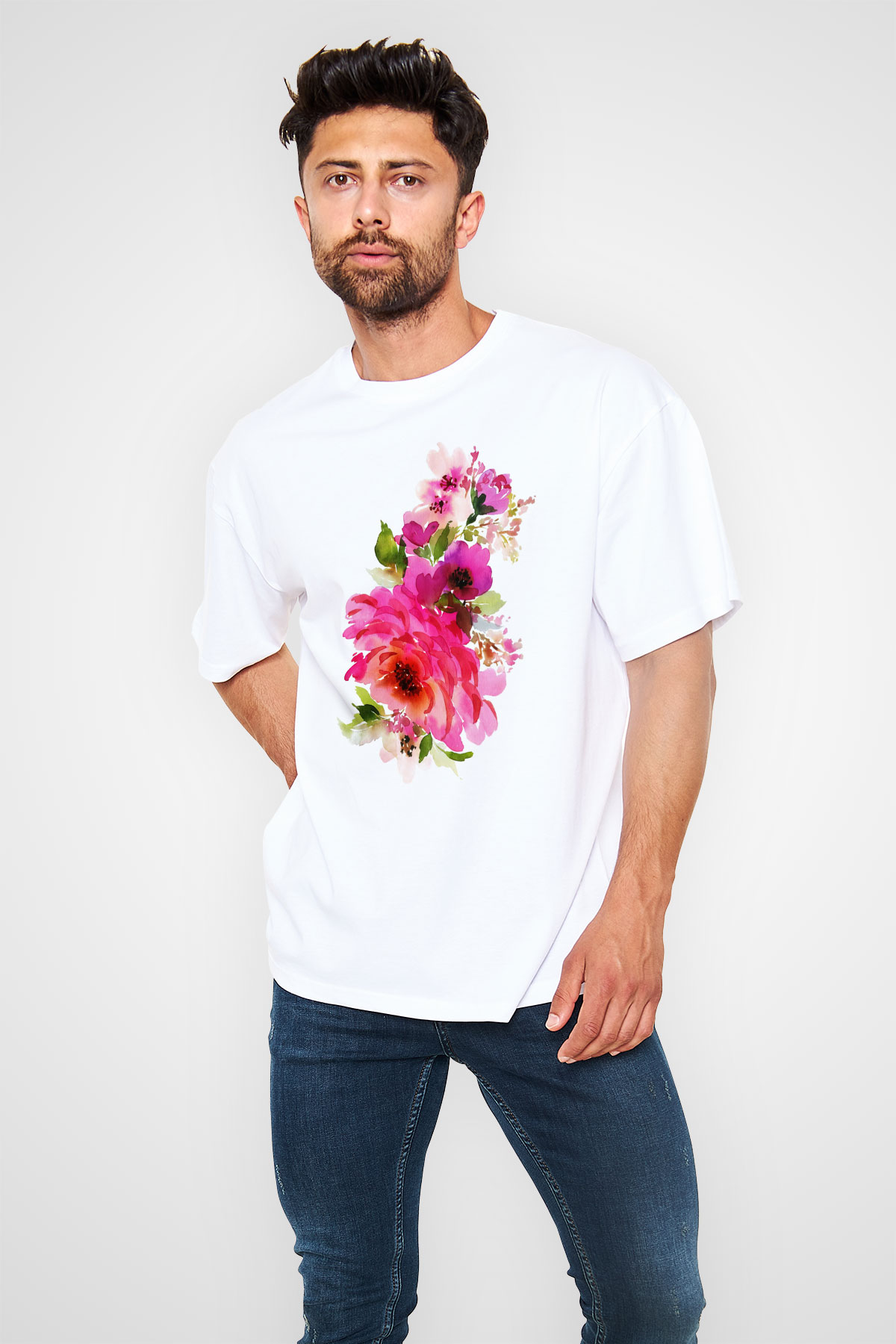 Çiçek Beyaz Unisex Oversize Tişört T-Shirt