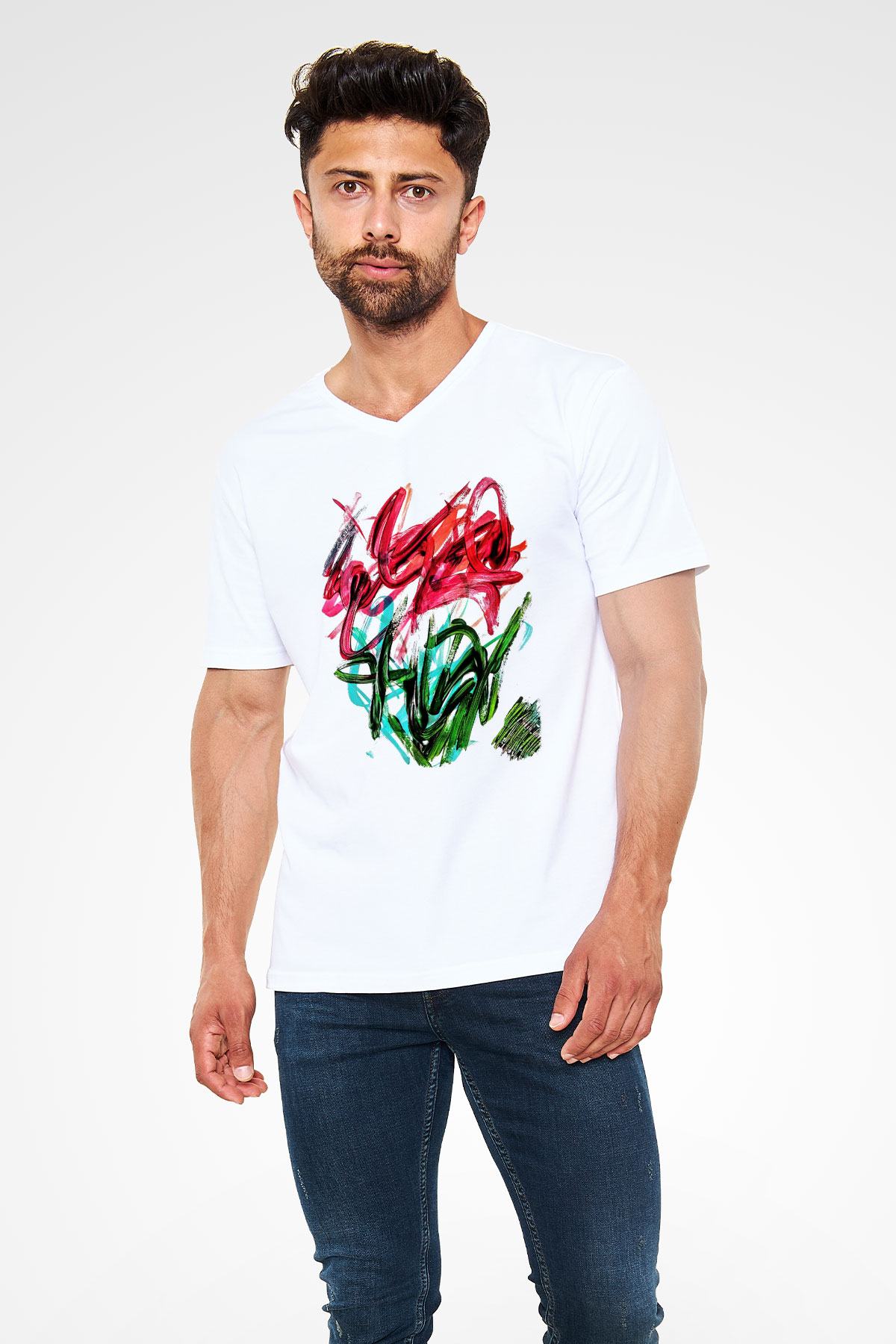 Çiçek Beyaz Unisex V Yaka Tişört T-Shirt
