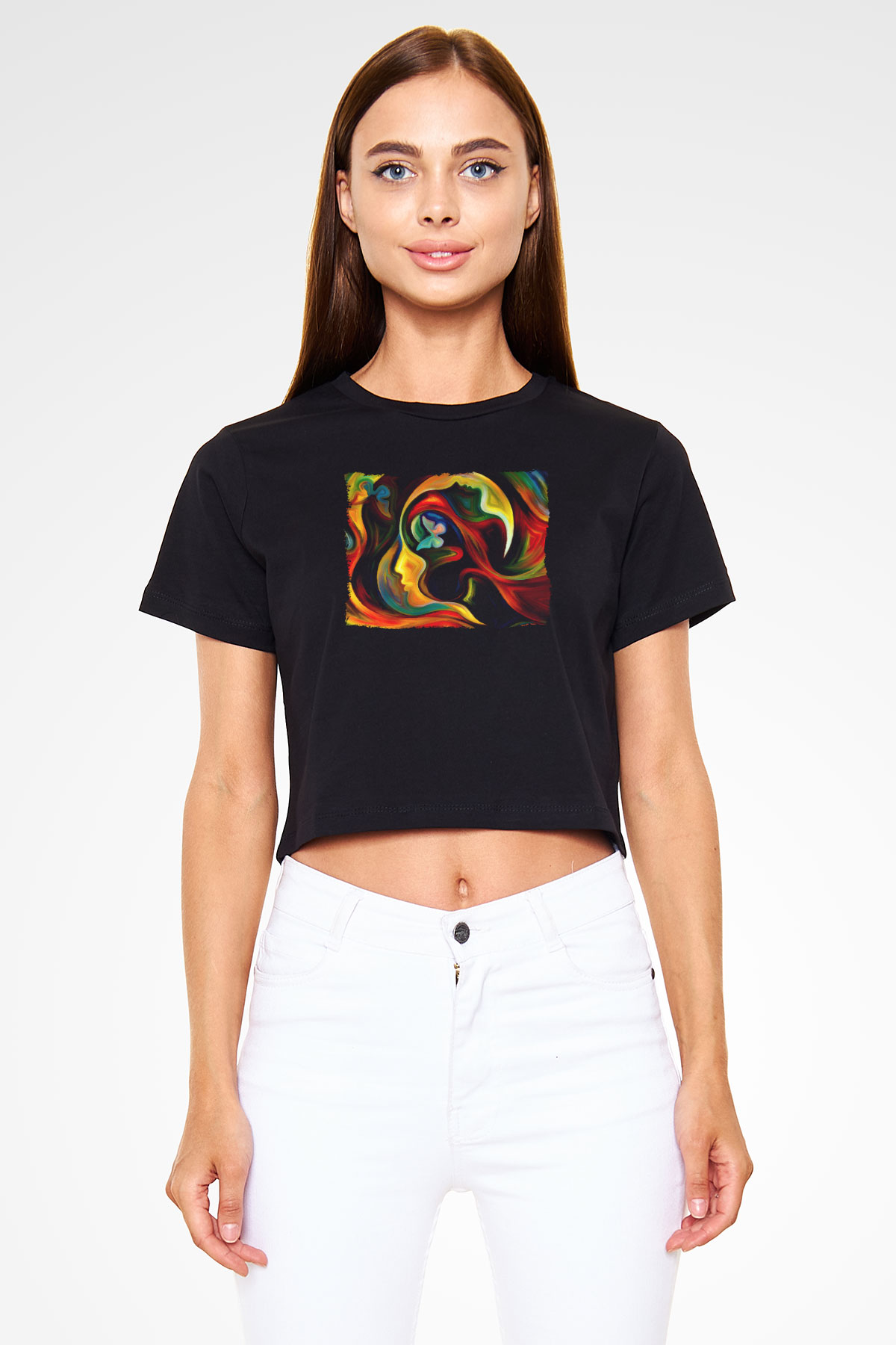 Çiçek Siyah  Crop Top Tişört