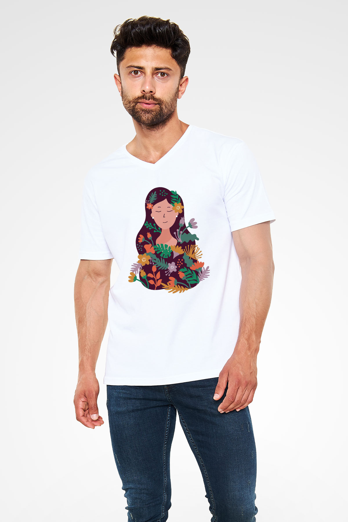 Çiçekçi Beyaz Unisex V Yaka Tişört
