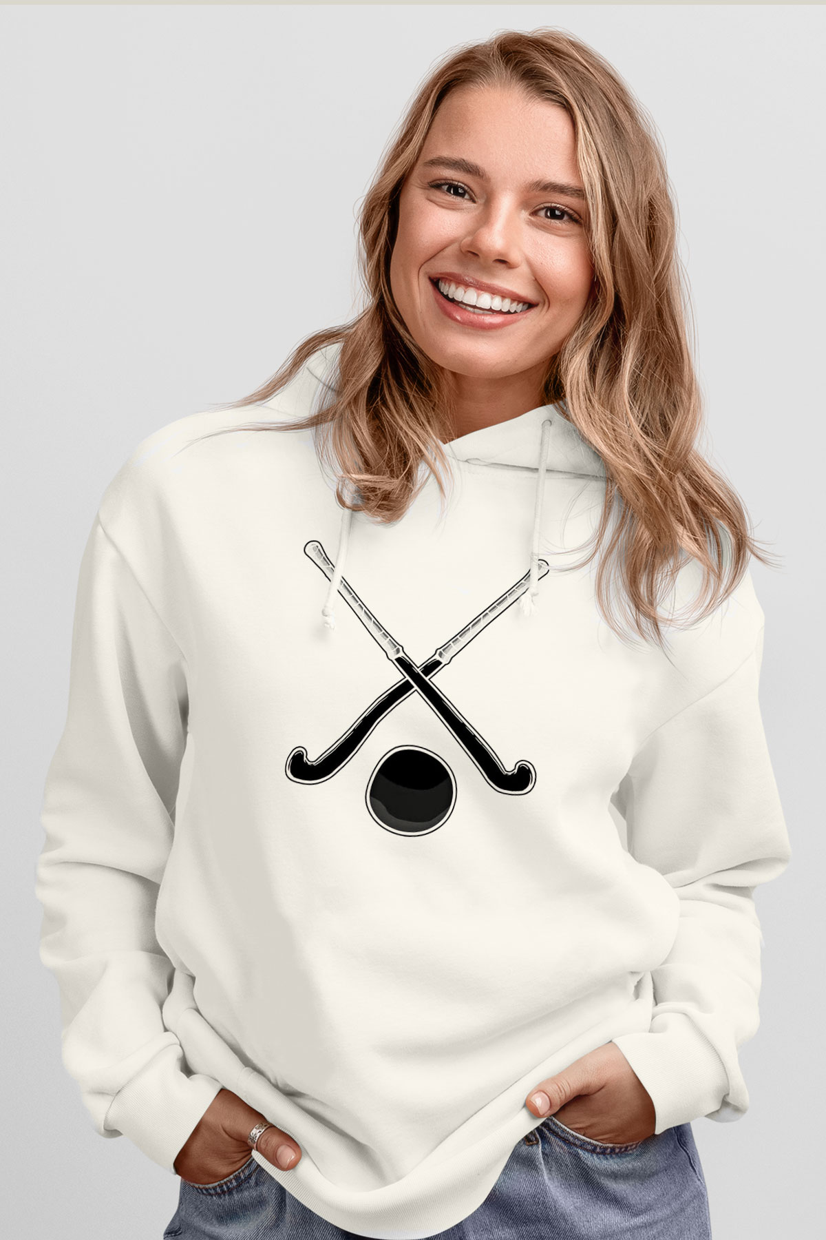 Çim Hokeyi Baskılı Unisex Ekru Hoodie
