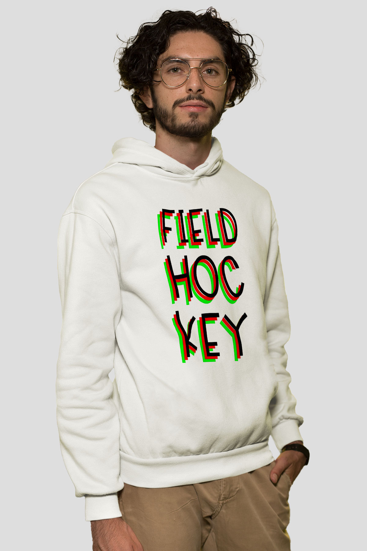 Çim Hokeyi Baskılı Unisex Ekru Hoodie