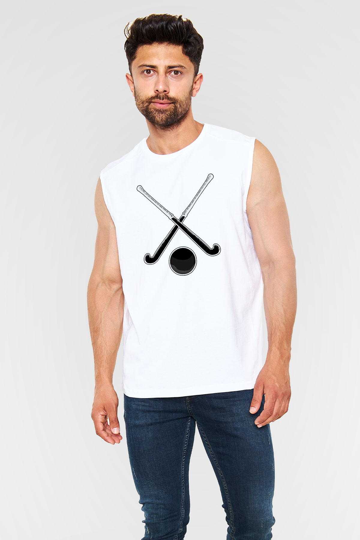 Çim Hokeyi Baskılı Unisex Kolsuz Beyaz Tişört